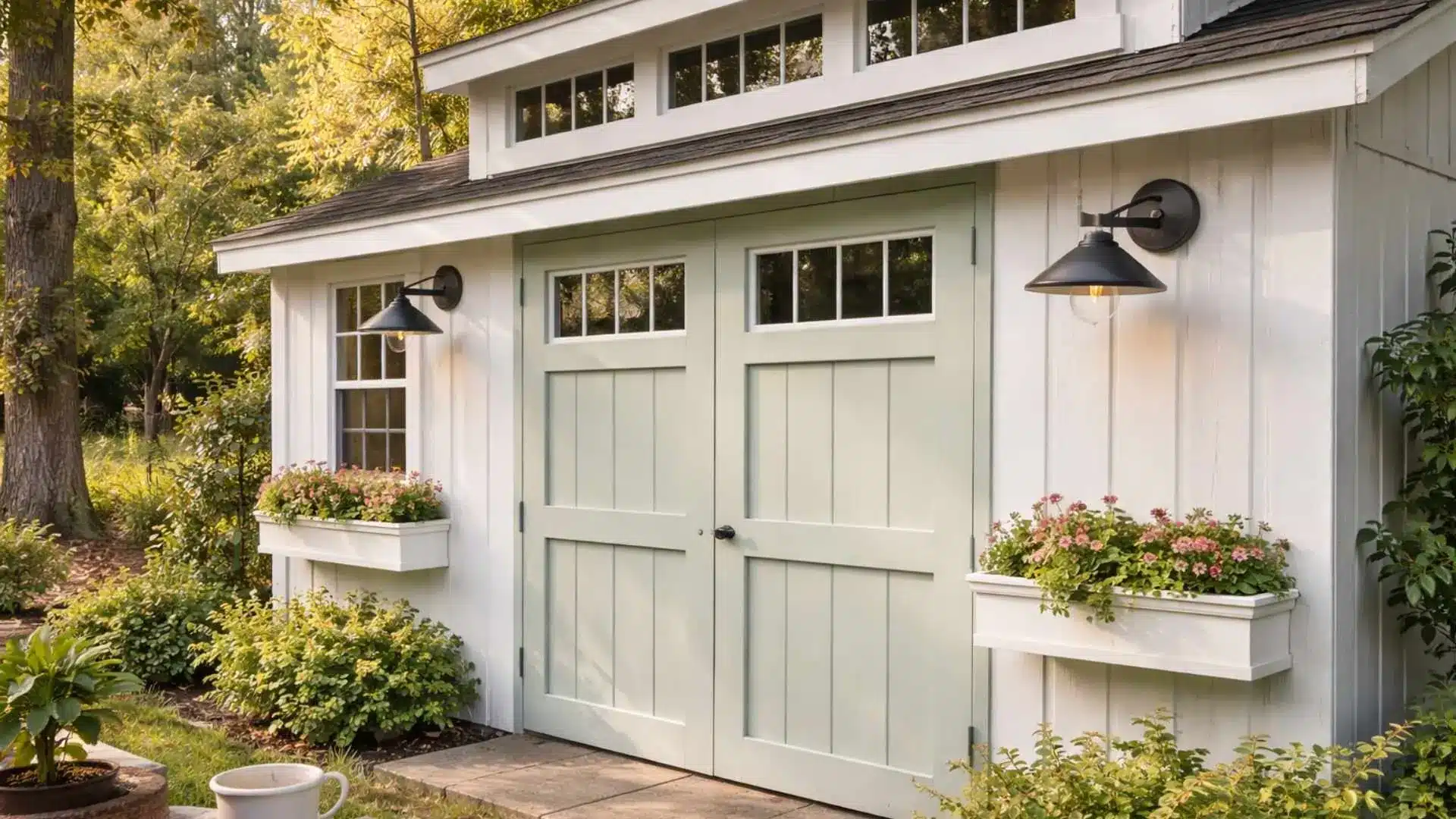 White exterior window trim with matching flower boxes on a cottage-style building with clerestory windows and barn lights
