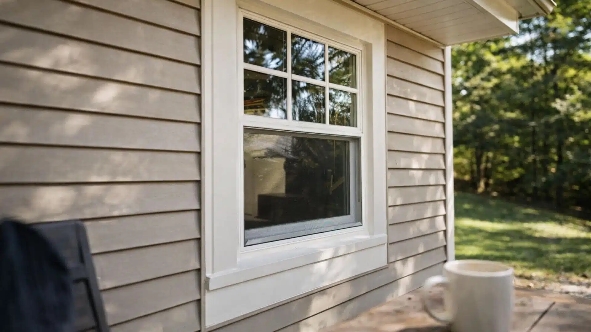 Wide oversized white exterior window trim framing a double-hung window with grids on beige lap siding