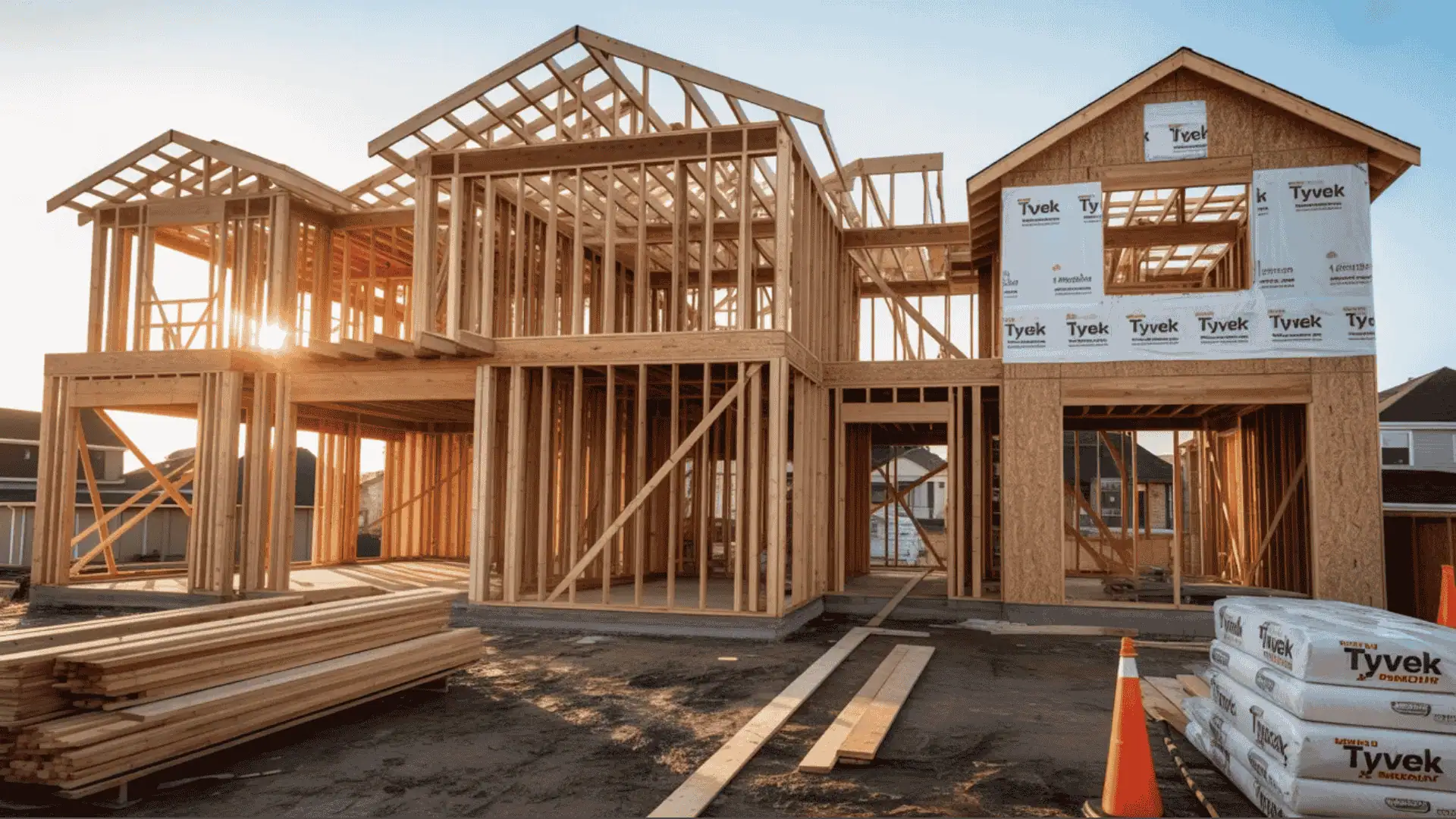 A new custom home being built with wood framing, Tyvek house wrap, and lumber materials organized in the foreground