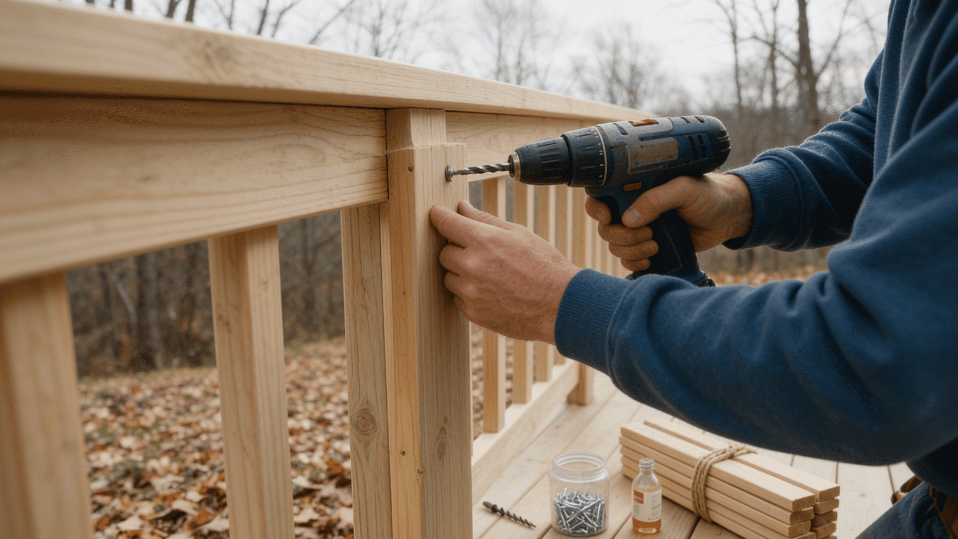 adding the railings to finalize the deck