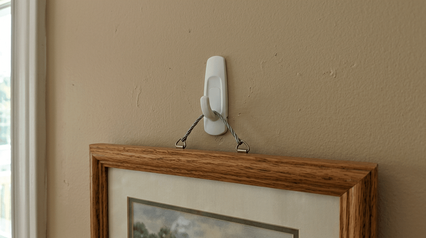 adhesive wall hook holding a picture frame's wire against a painted wall