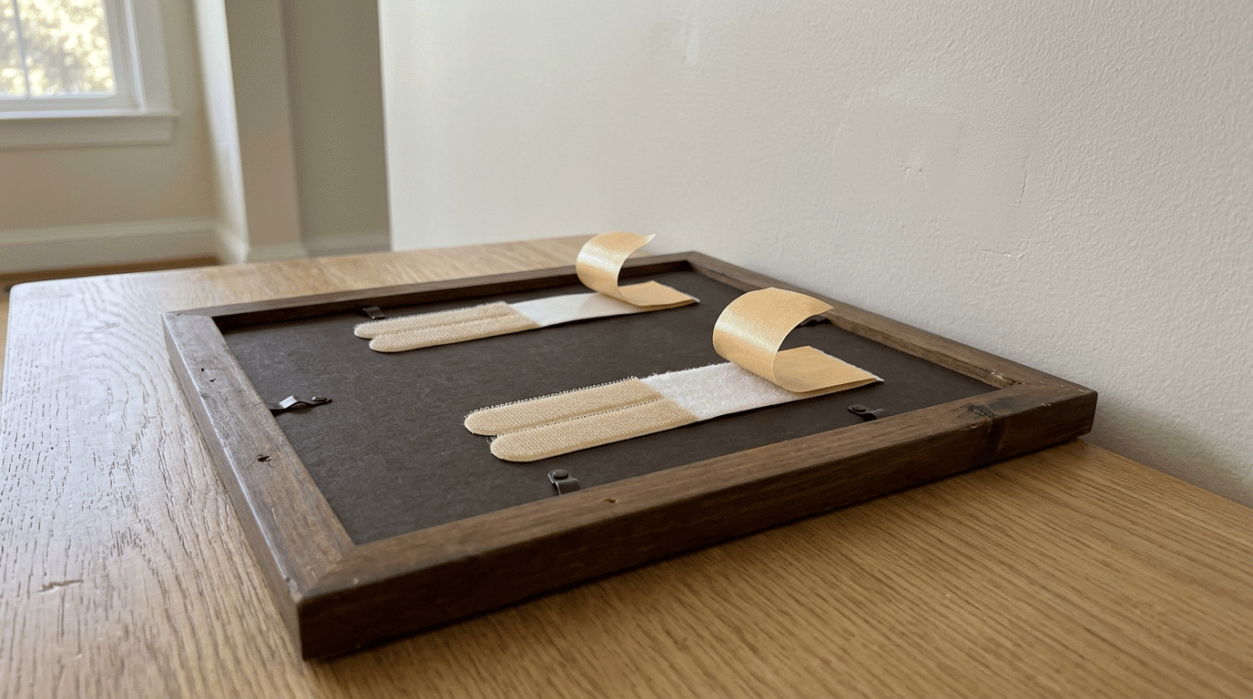 adhesive hanging strips attached to the back of a wooden picture frame near a painted wall