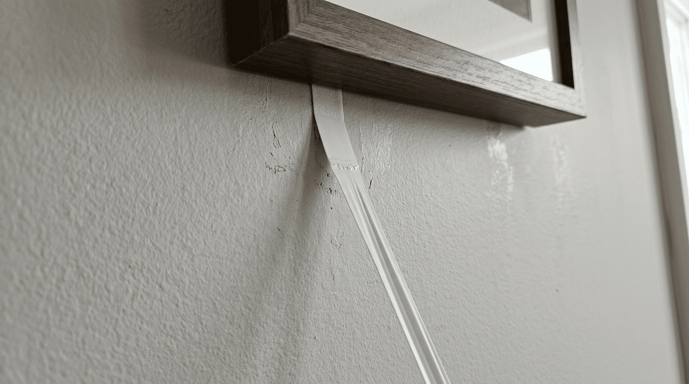 adhesive strip stretched at a low angle while peeling away from a painted wall