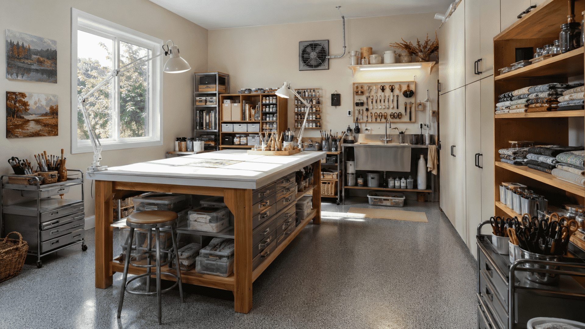 Garage art studio with a worktable, storage shelves, sink, and craft tools.