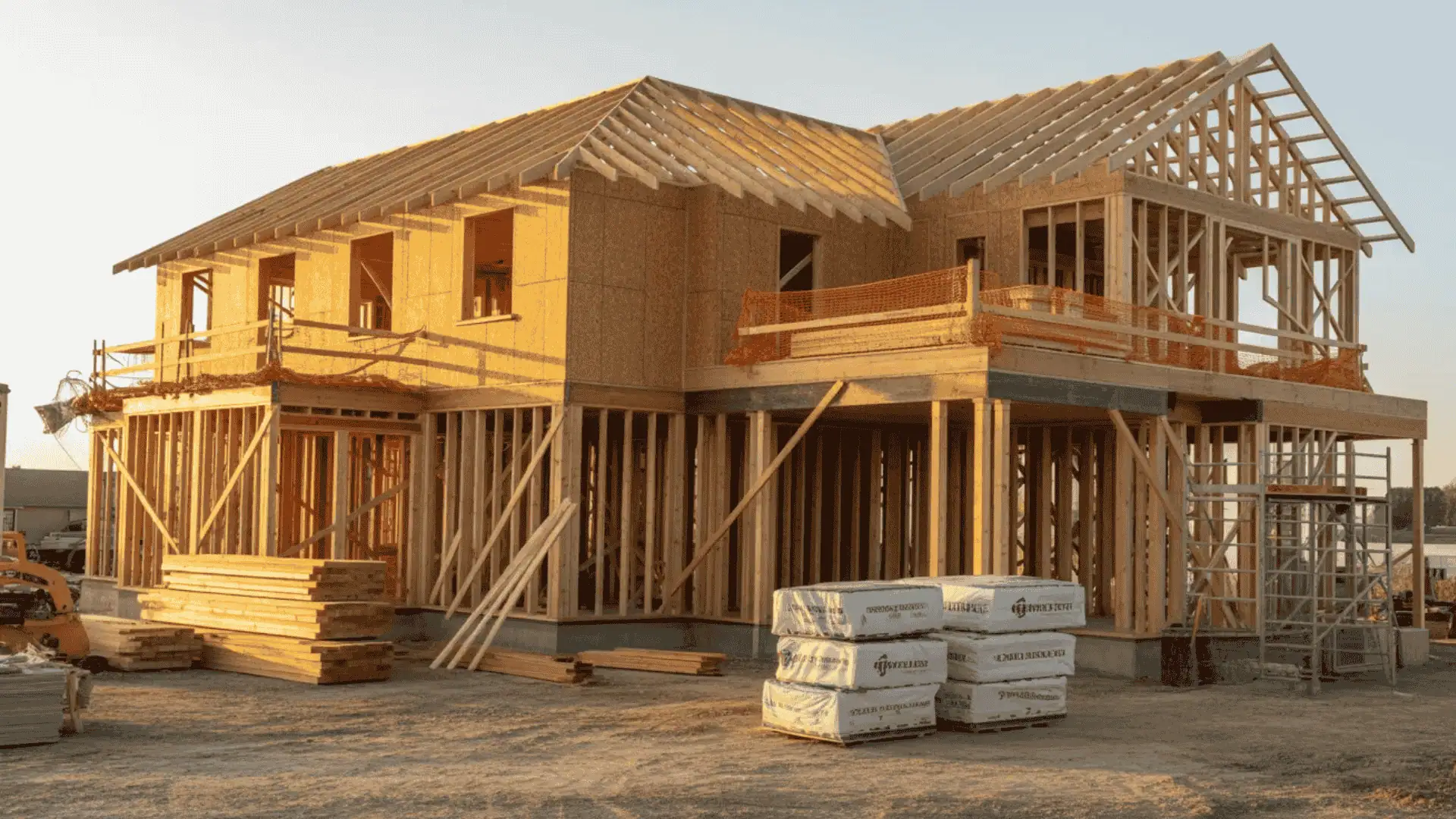 A two-story house under construction with exposed wooden framing and stacks of building materials in the foreground
