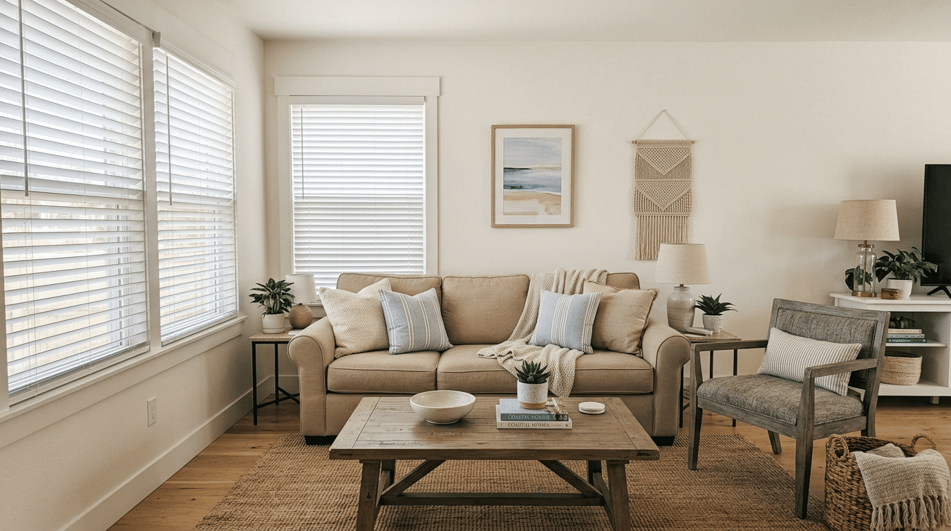 warm white walls, sandy beige sofa, and driftwood gray chair in a coastal living room