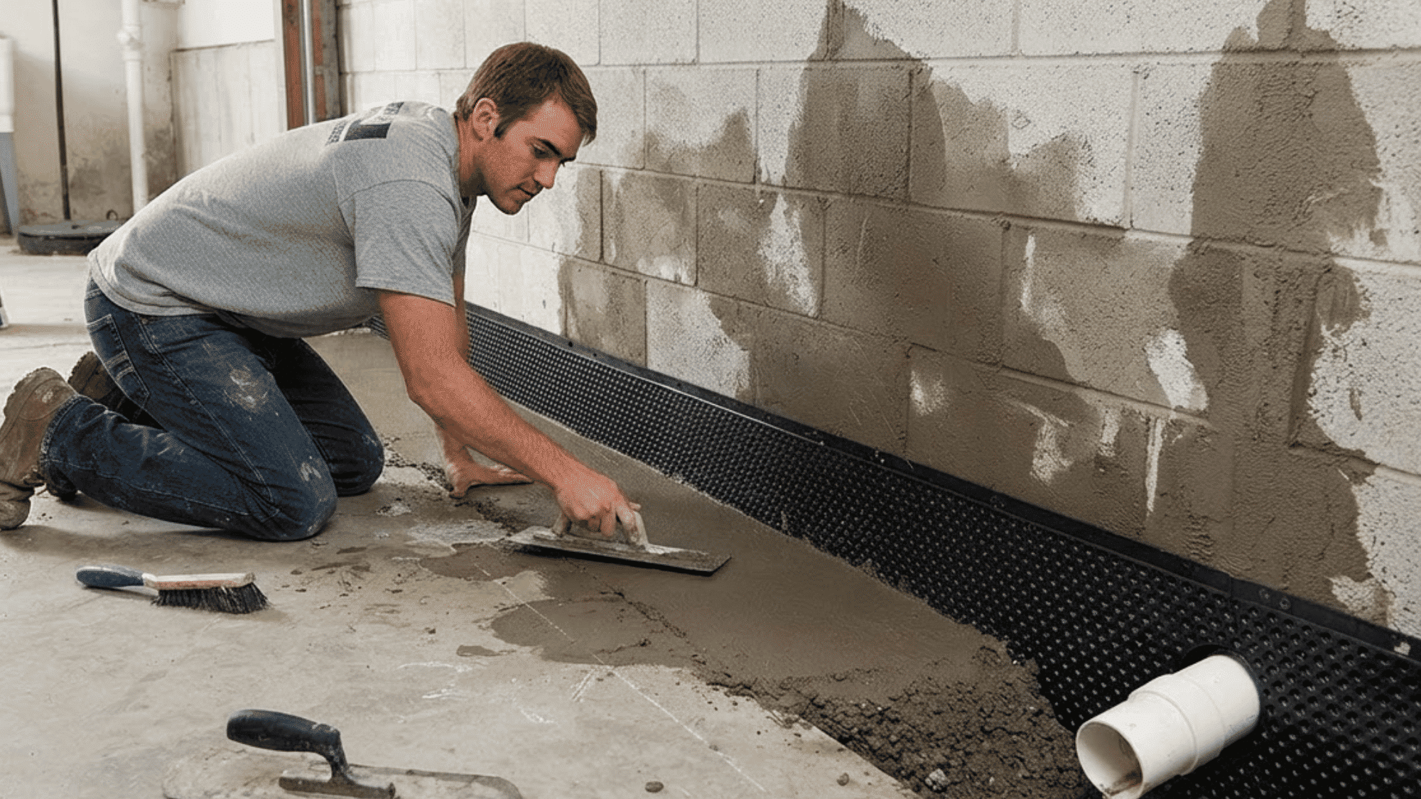 Worker smooths waterproof mortar beside an interior basement drain along a concrete block wall area.