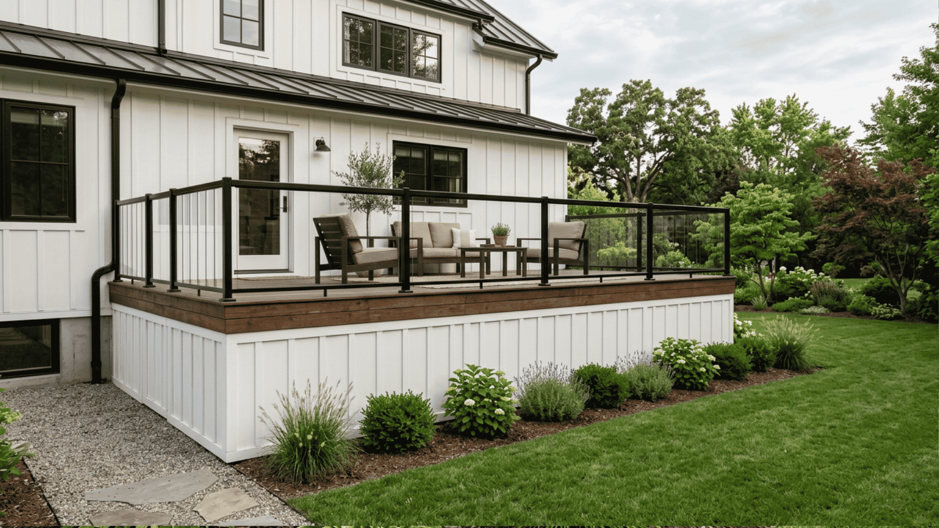 Board-and-batten skirting below a farmhouse-style deck