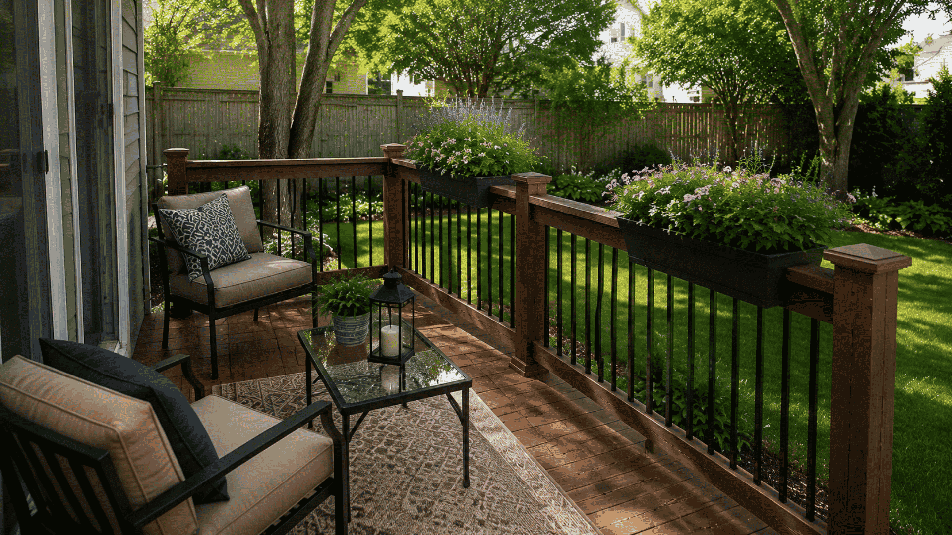 Small deck refreshed with new stain, cushions, and railing planters for a budget upgrade.