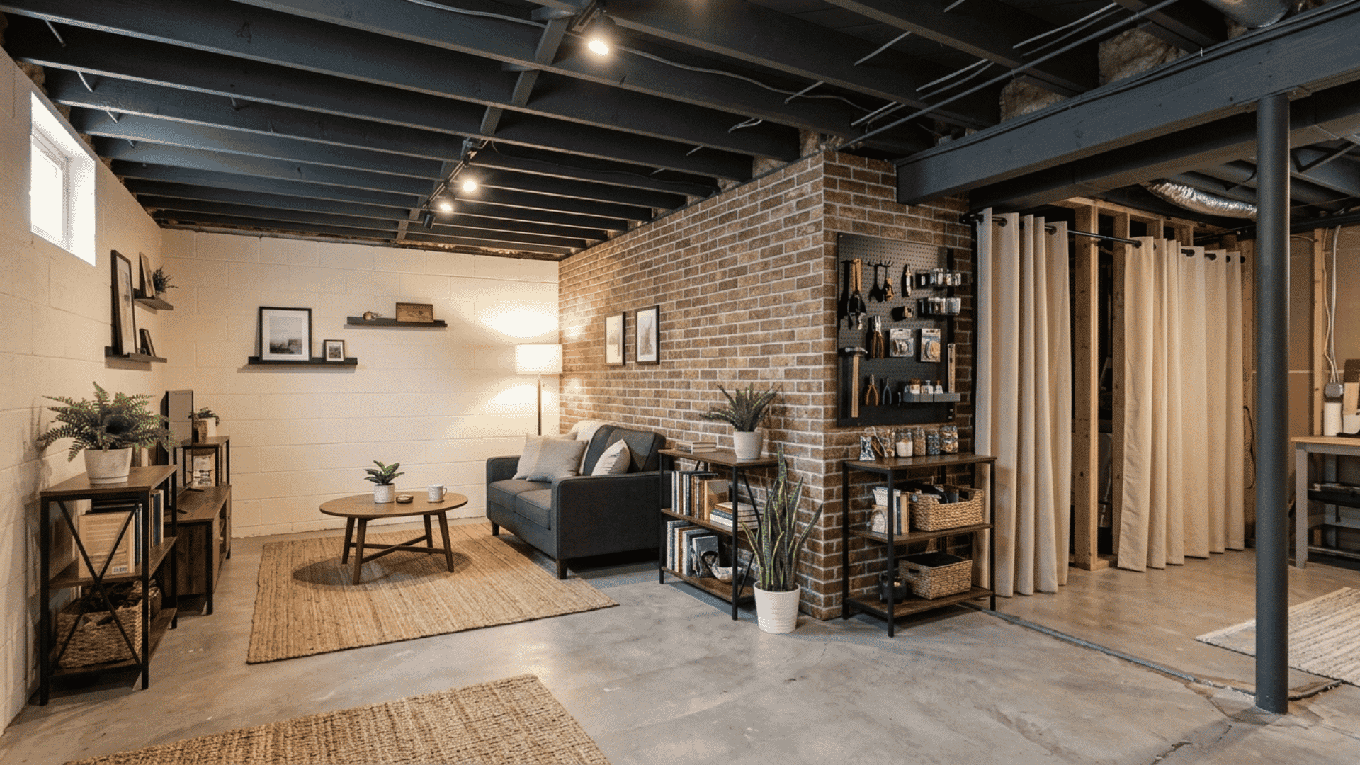 unfinished basement with painted walls, brick divider, curtains, and a pegboard.