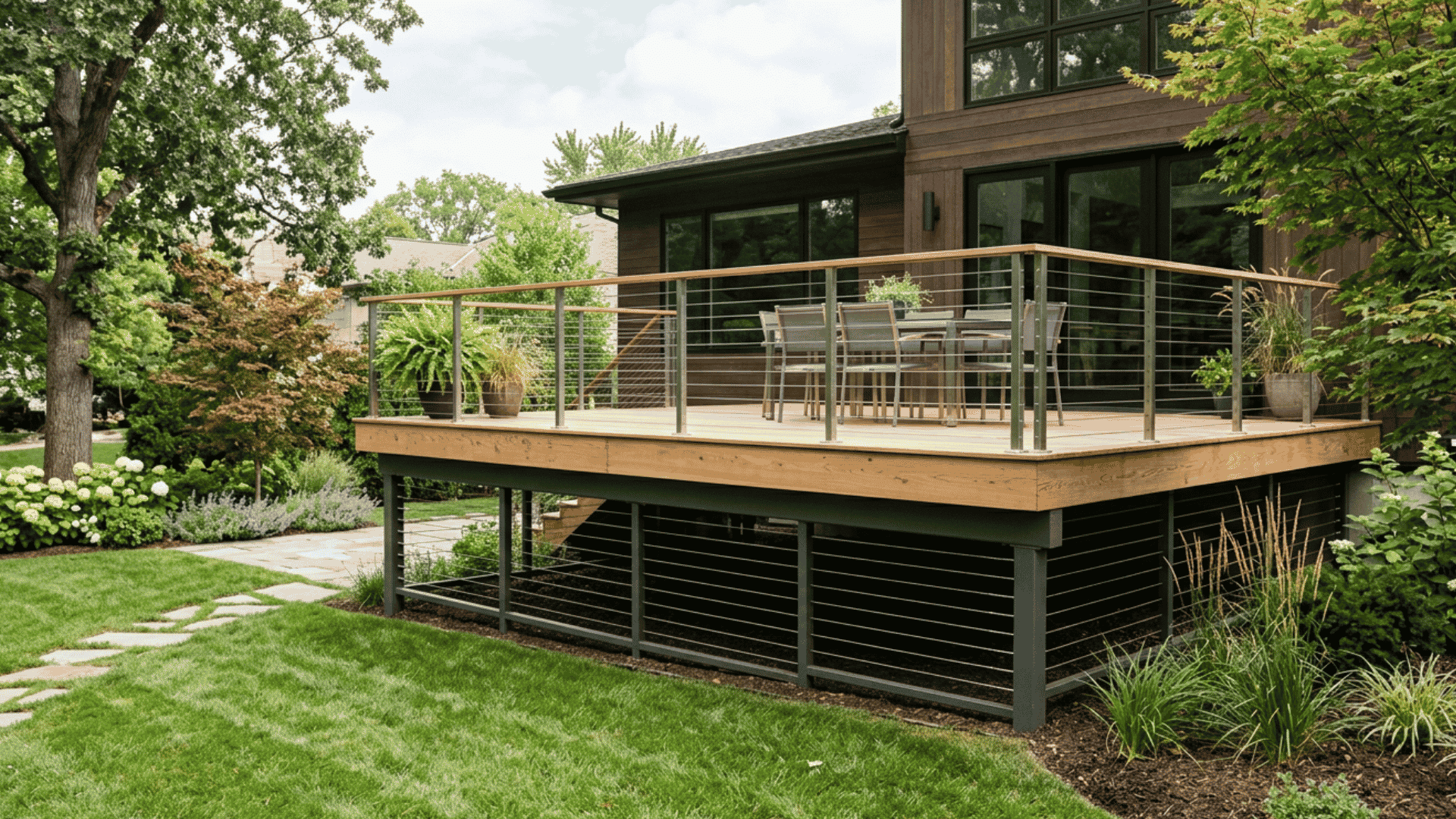 Cable-style skirting under a raised modern deck