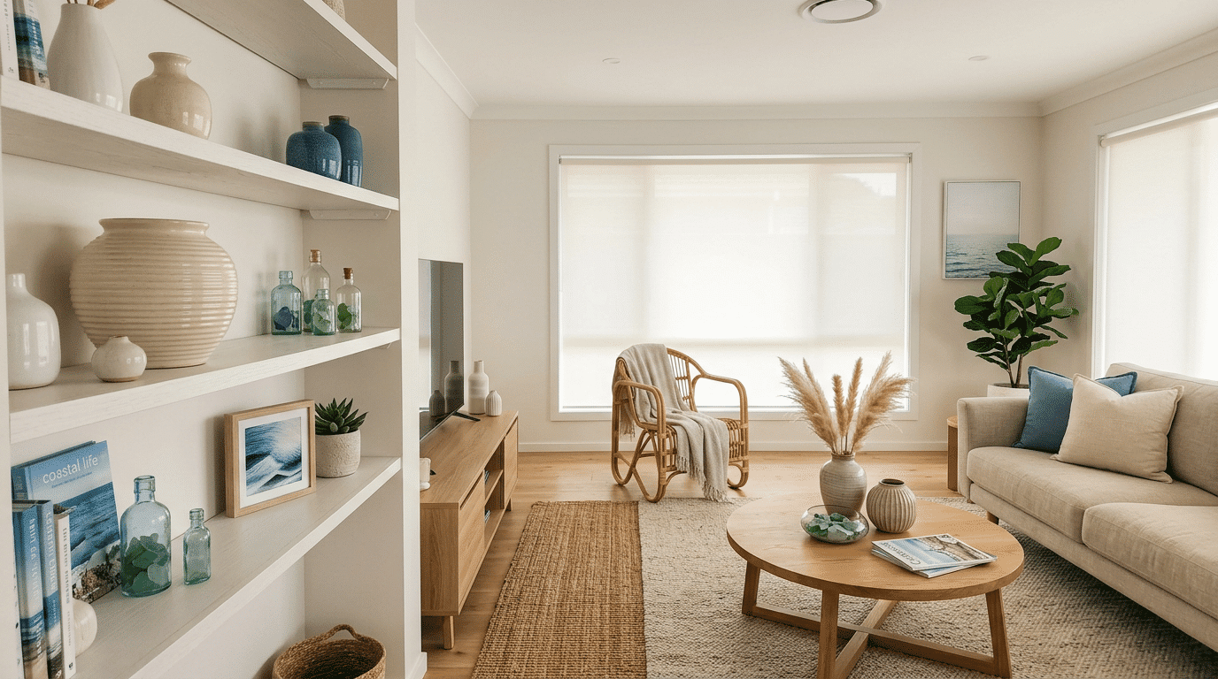 ceramic vases and sea glass accents on open shelves in a coastal living room