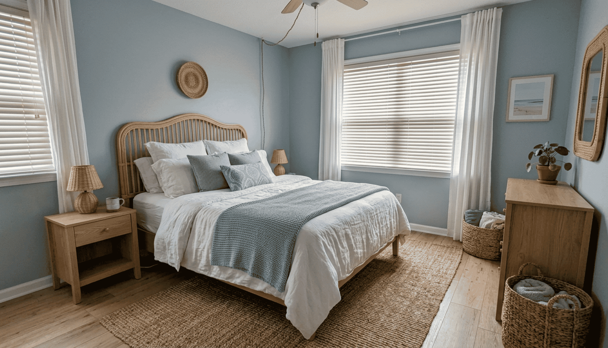 coastal bedroom ideas with soft colors, rattan furniture, and natural textures
