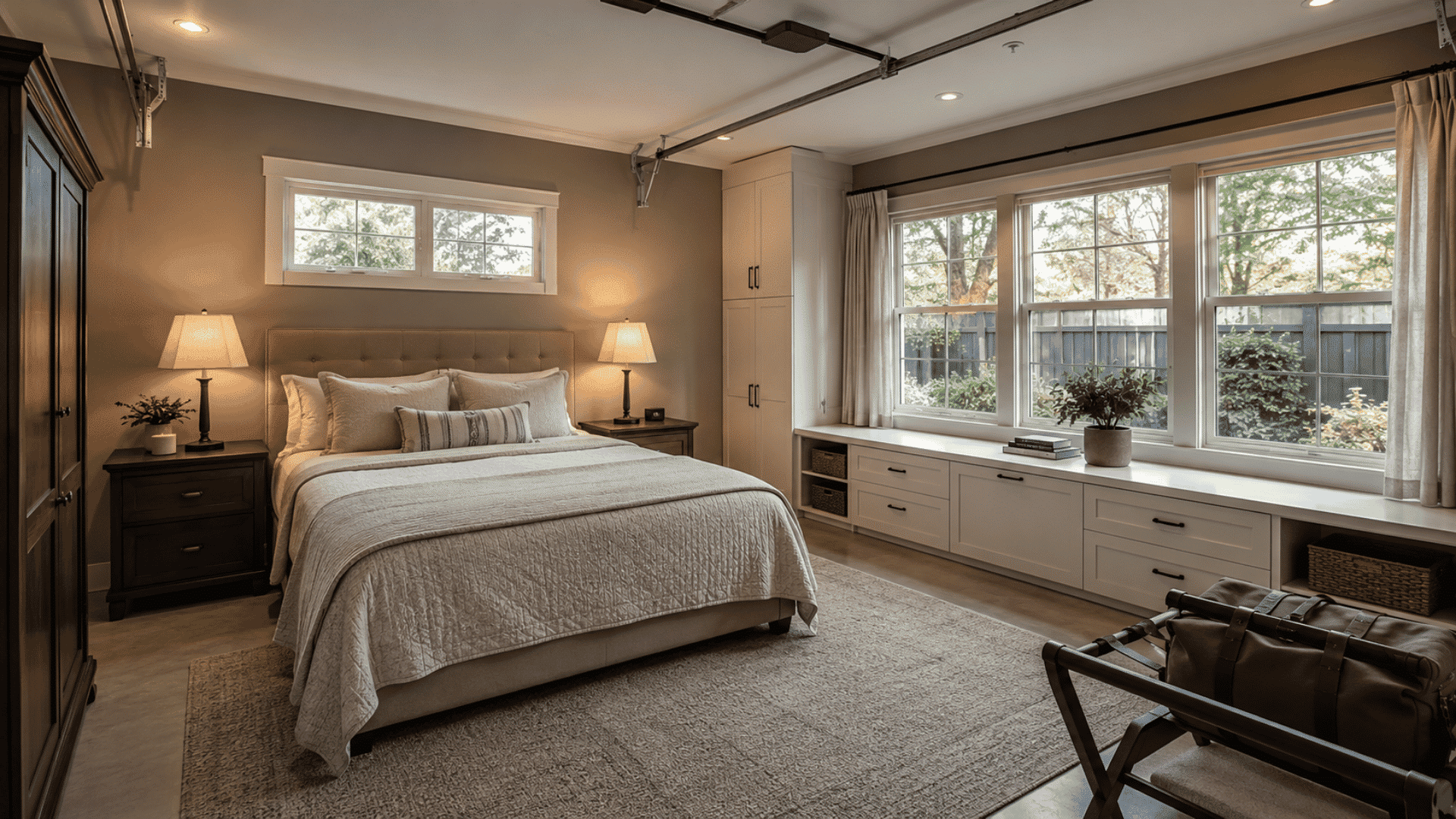 Garage converted into a cozy guest bedroom with built-in window storage.