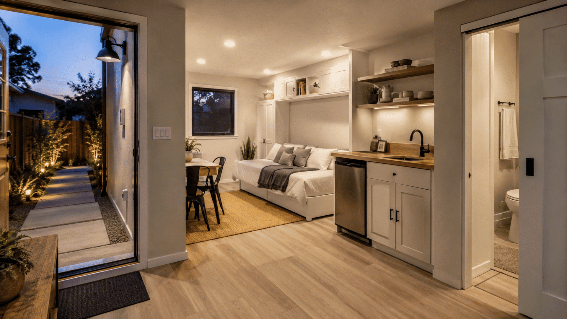 Compact garage studio with a bed, kitchenette, dining space, and bathroom.