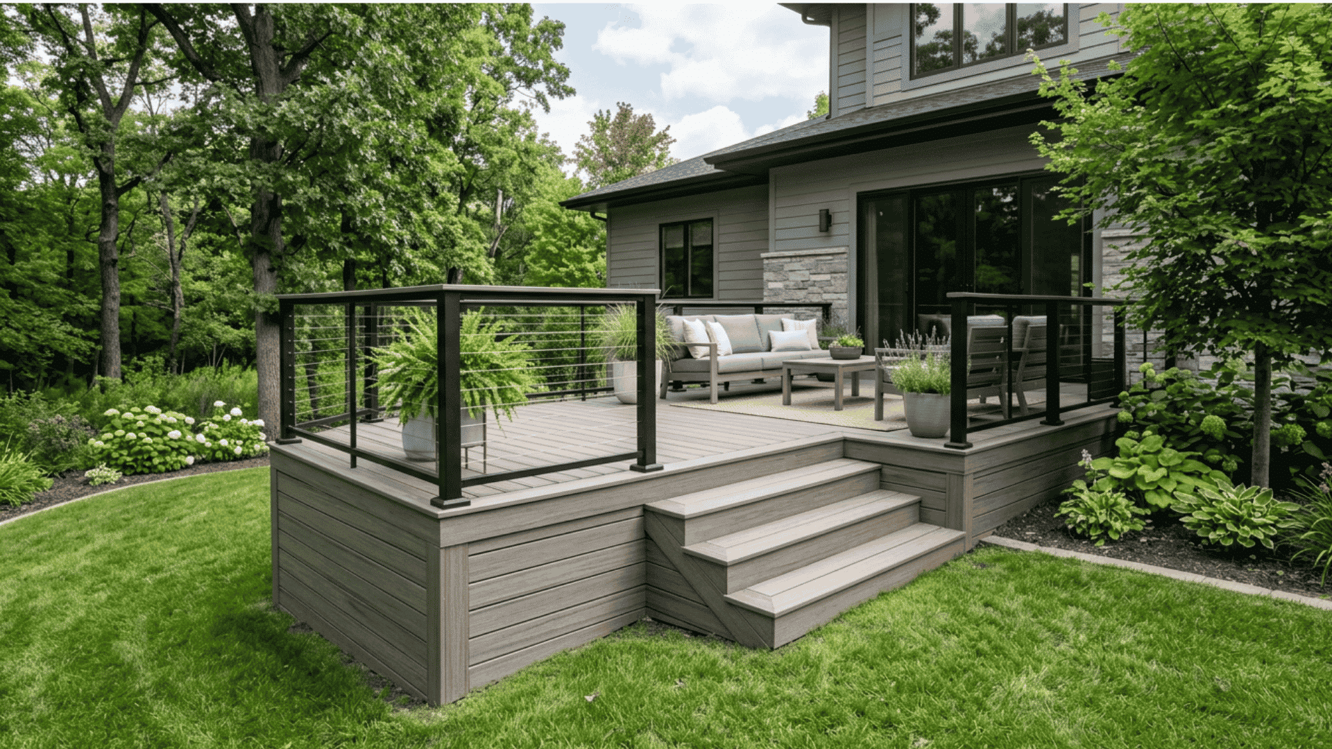 Composite board skirting matching a modern backyard deck