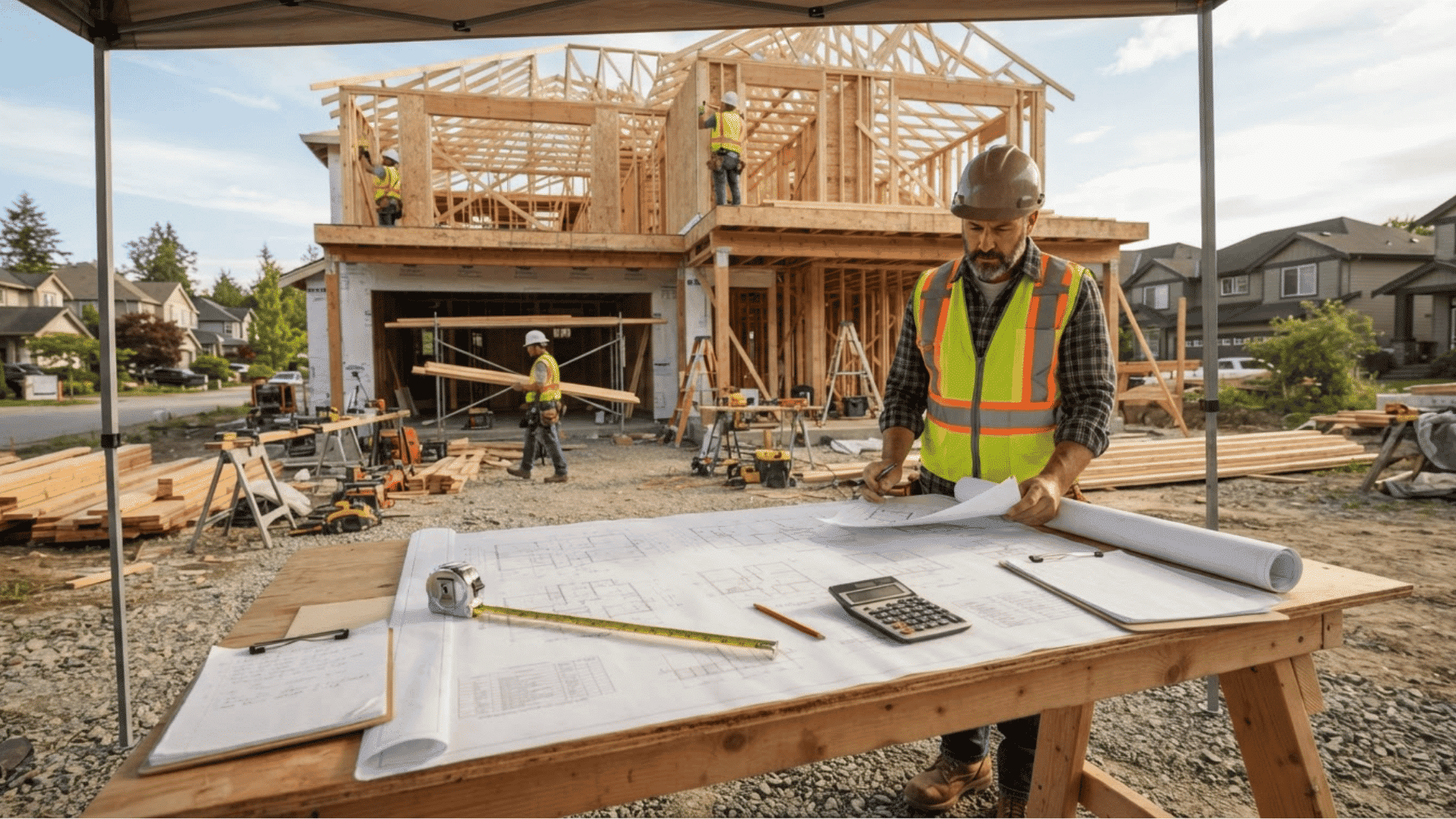Modern house construction site showing builders reviewing plans, materials, and cost estimates for a new home project
