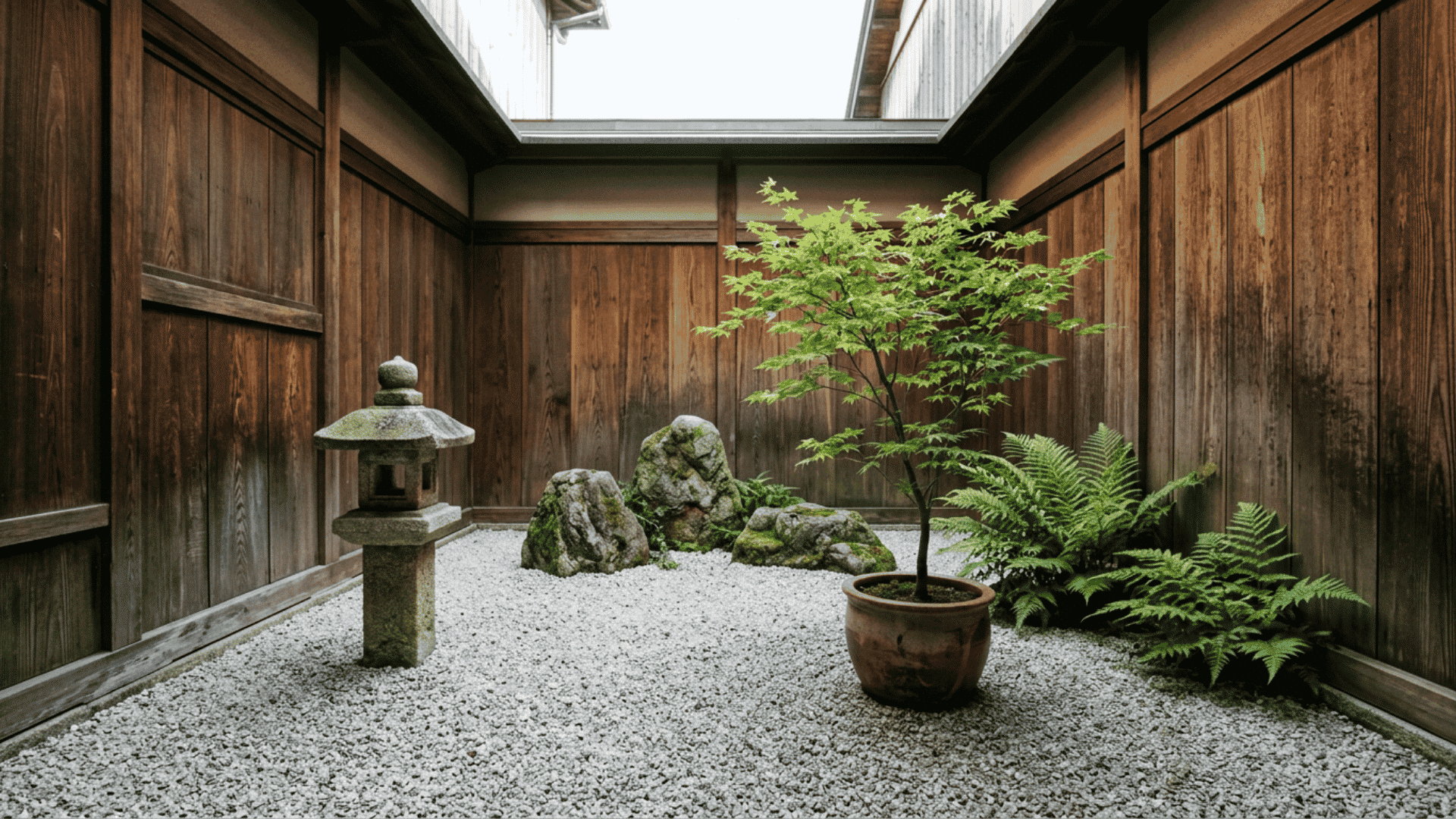 potted maple, stone lantern, ferns, and gravel fill an enclosed courtyard garden