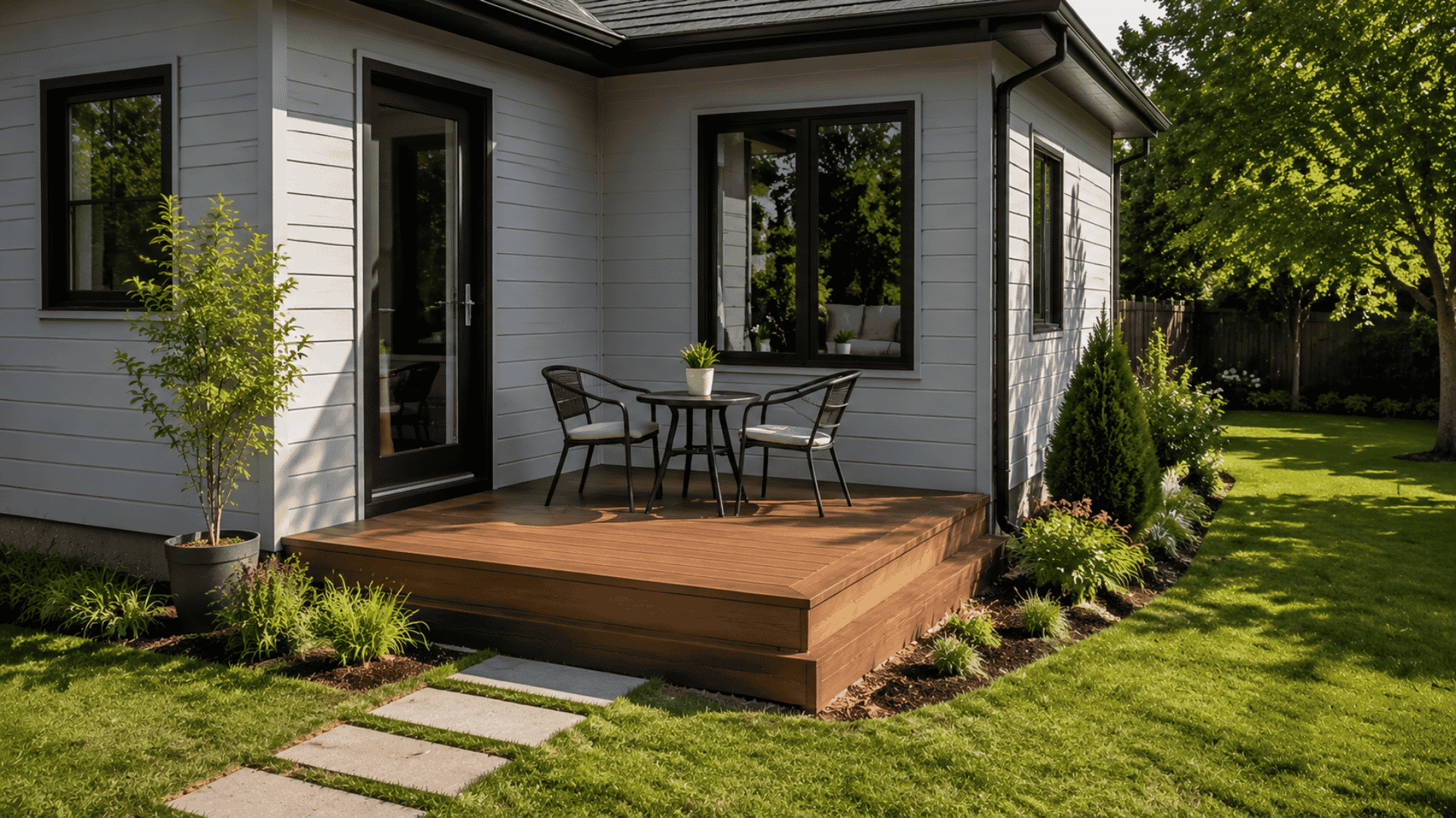 Small corner deck with table and chairs using unused yard space beside a home.