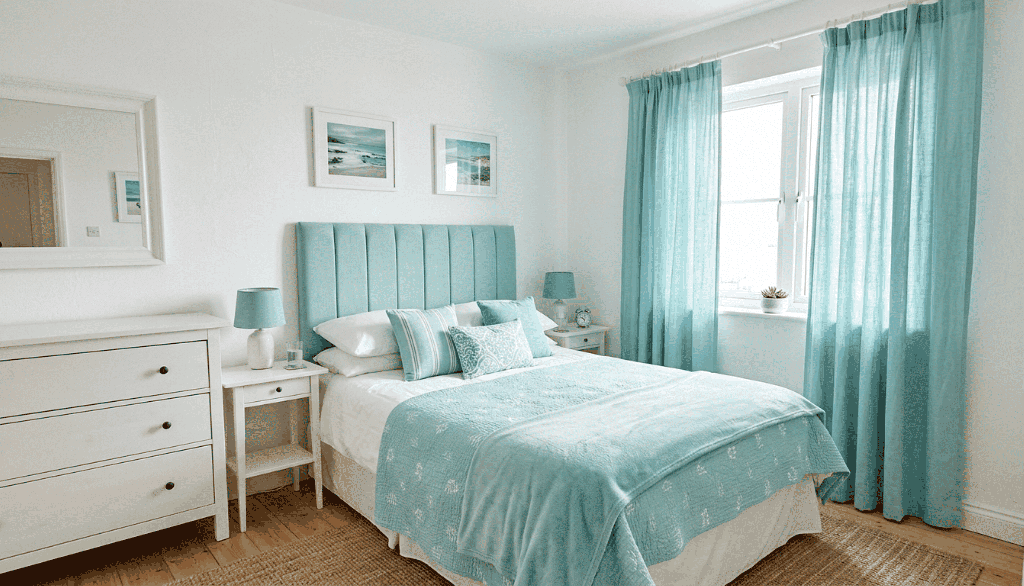 coastal bedroom with white walls, aqua textiles, and a pale aqua headboard