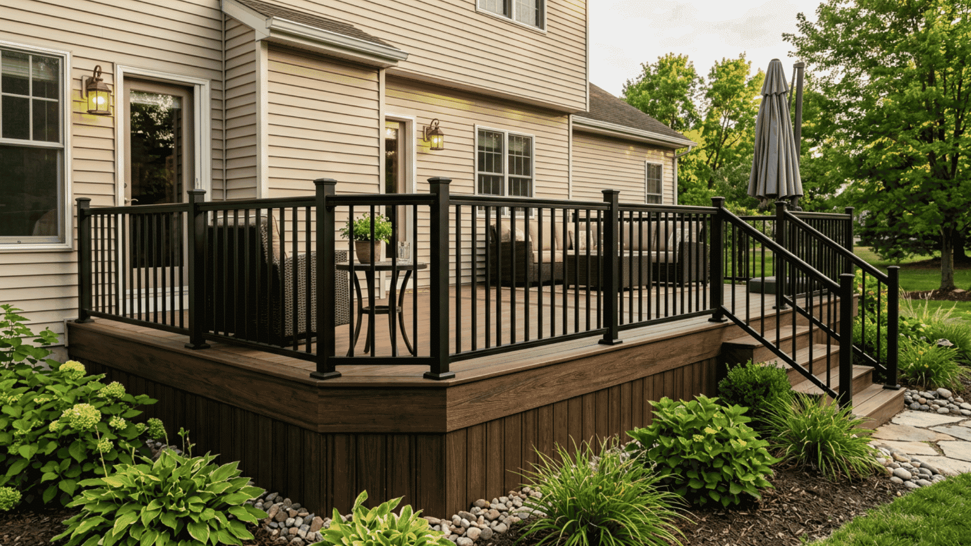 Dark stained wood skirting under a raised deck