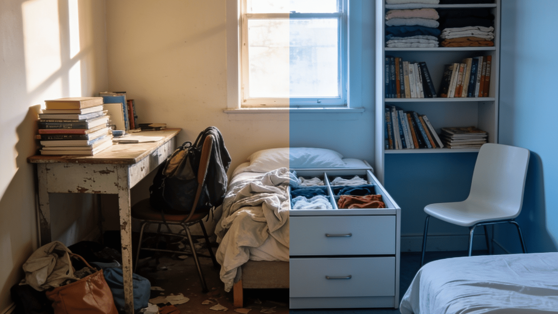 before and after view of a cluttered bedroom transformed with organized storage