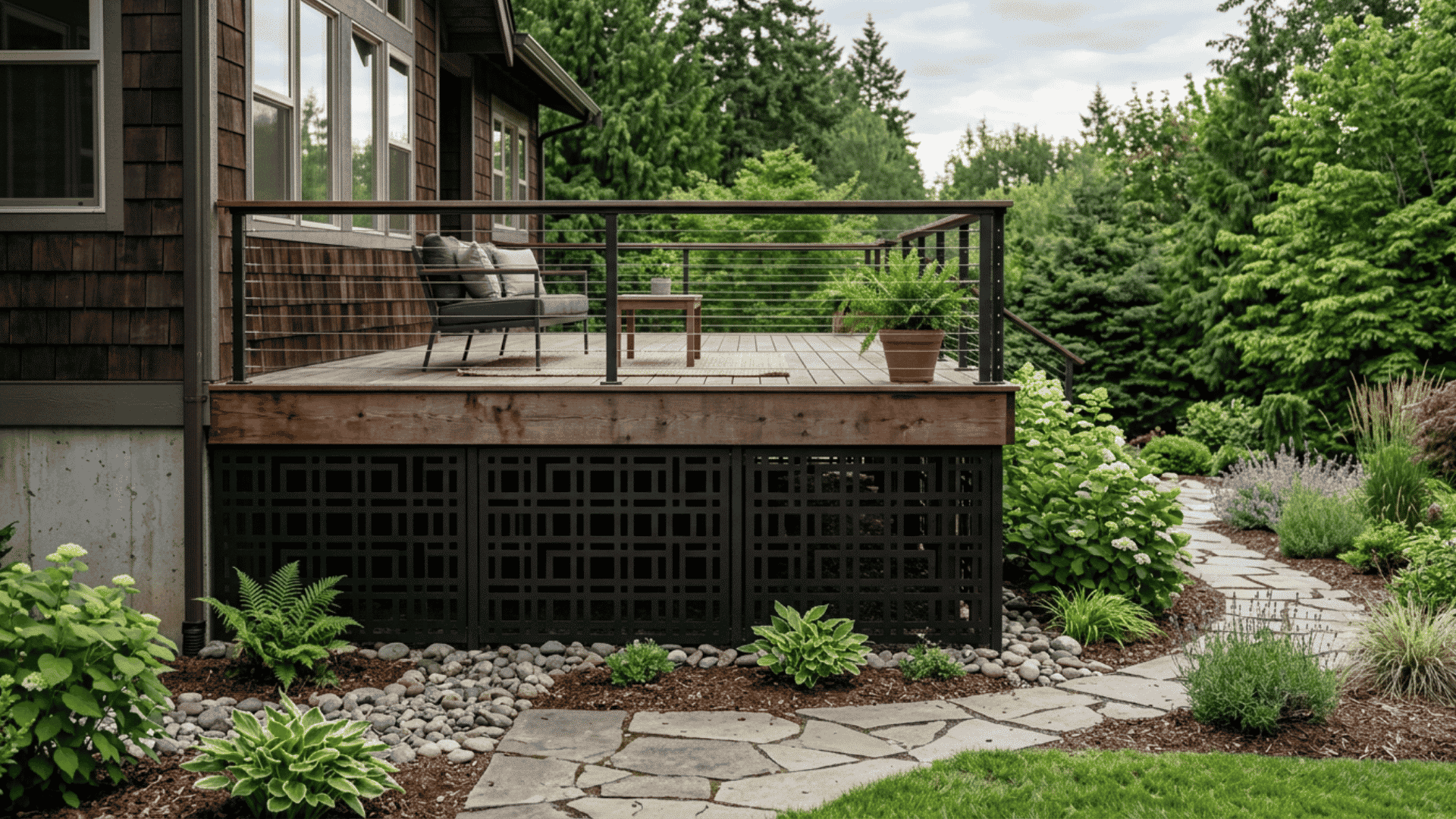 Decorative privacy panel skirting below a raised deck