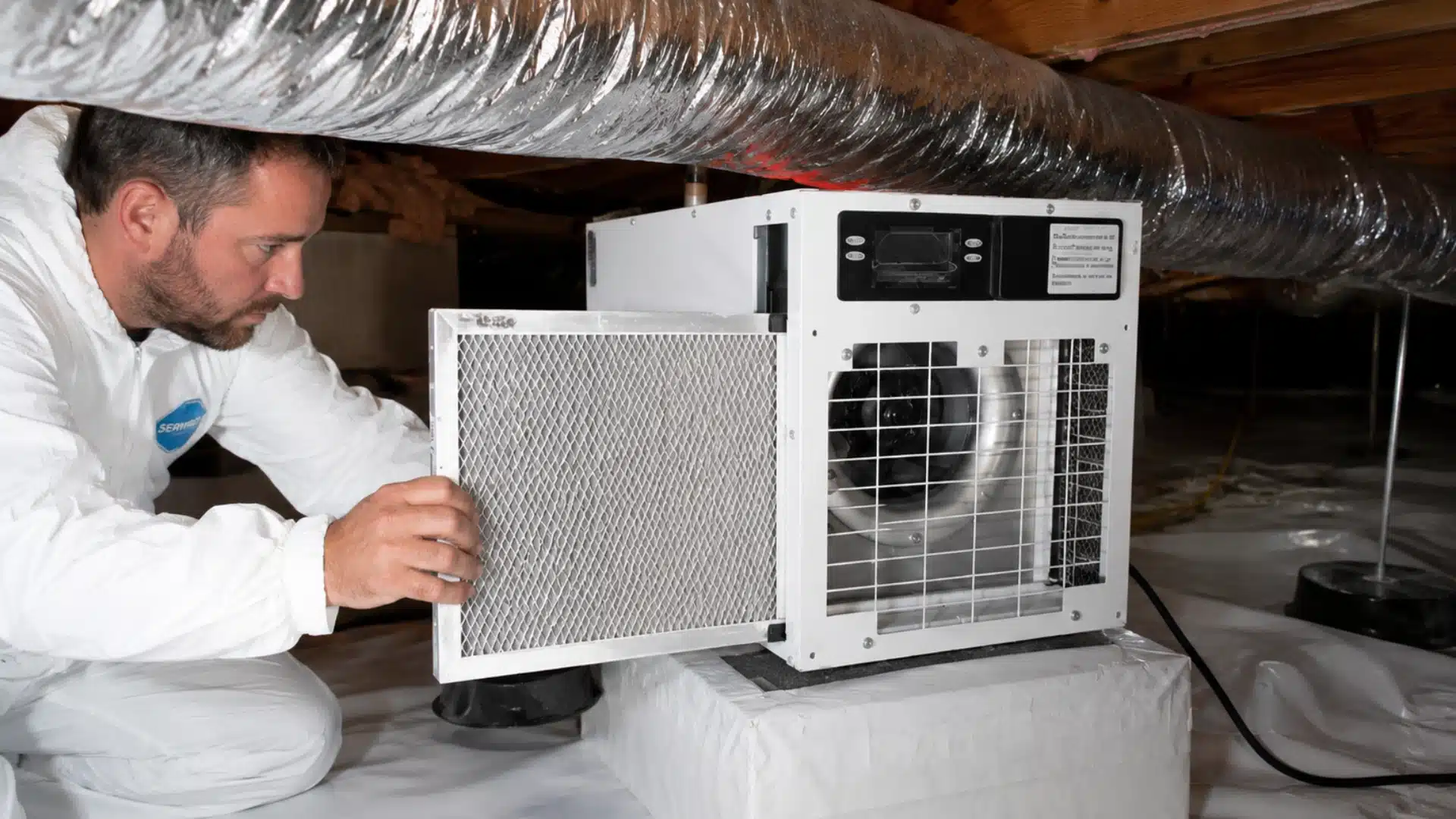 dehumidifier raised on a plastic pad over a sealed vapor barrier in a crawl space