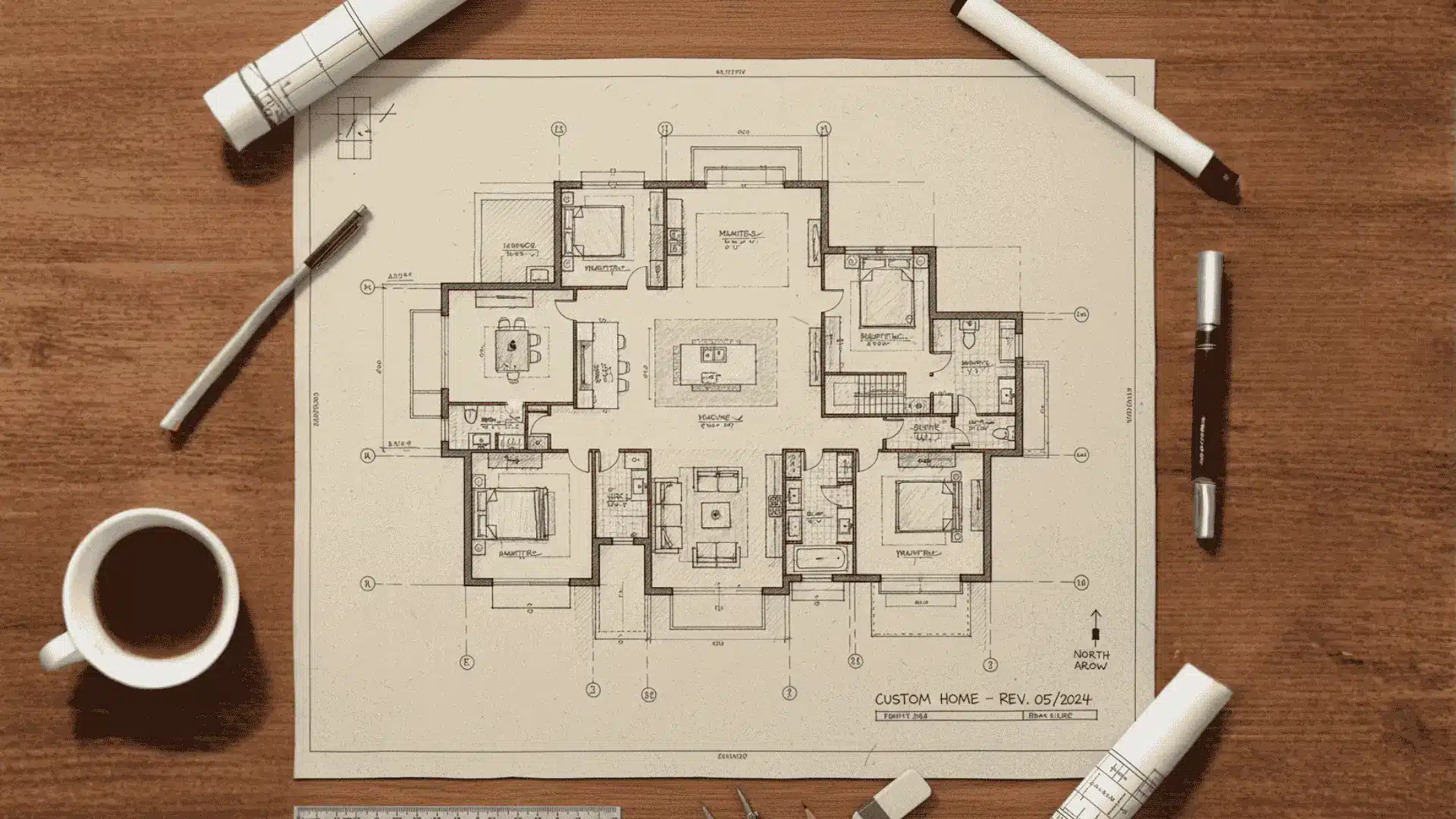 Detailed architectural floor plan for a custom home on parchment paper surrounded by drafting tools