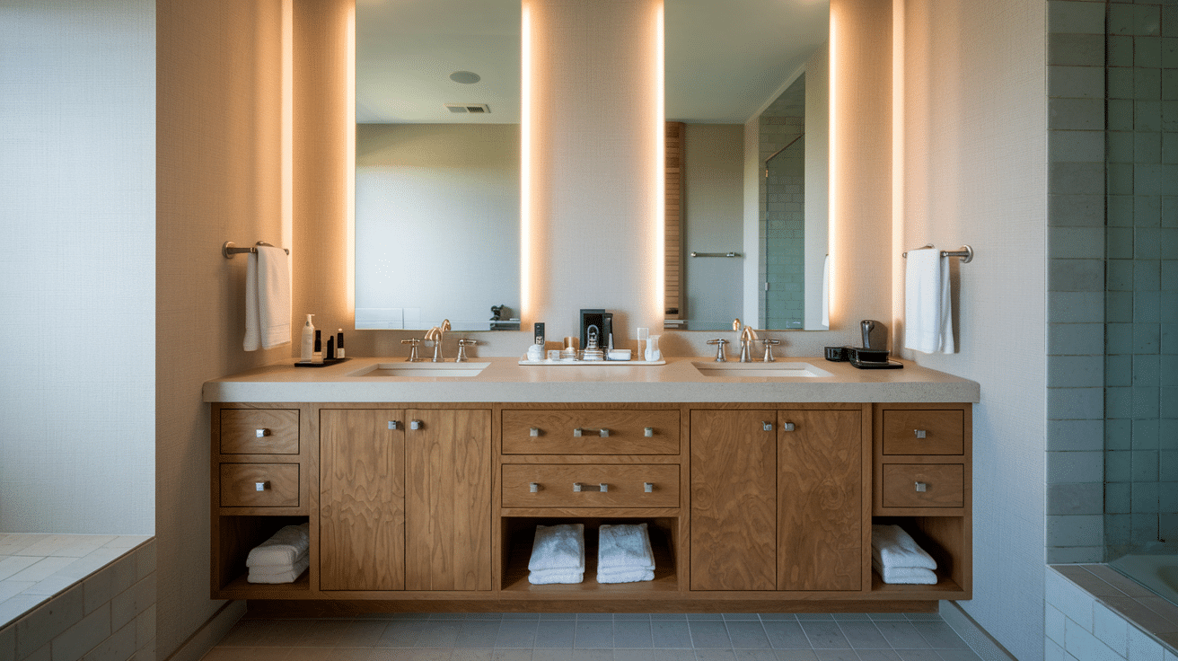 wooden double vanity with two sinks, tall mirrors, drawers, and open shelving