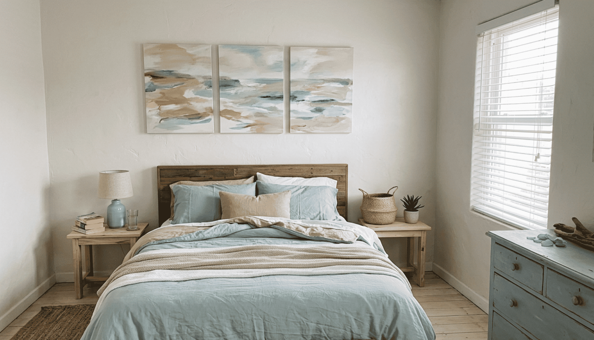 coastal bedroom with driftwood or abstract wall art above the bed