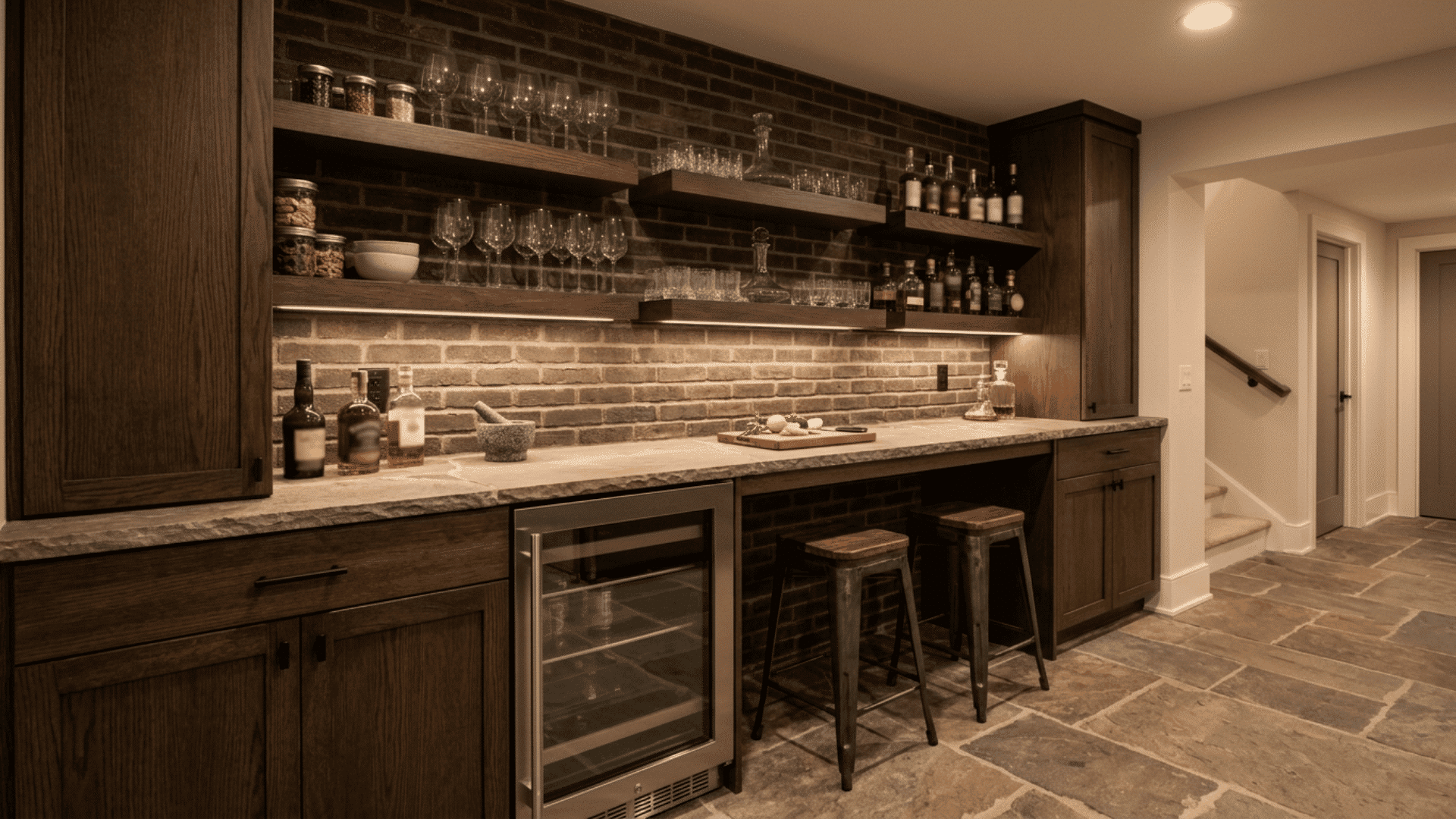 dark wood basement dry bar with open shelves brick walls, stools and wine fridge