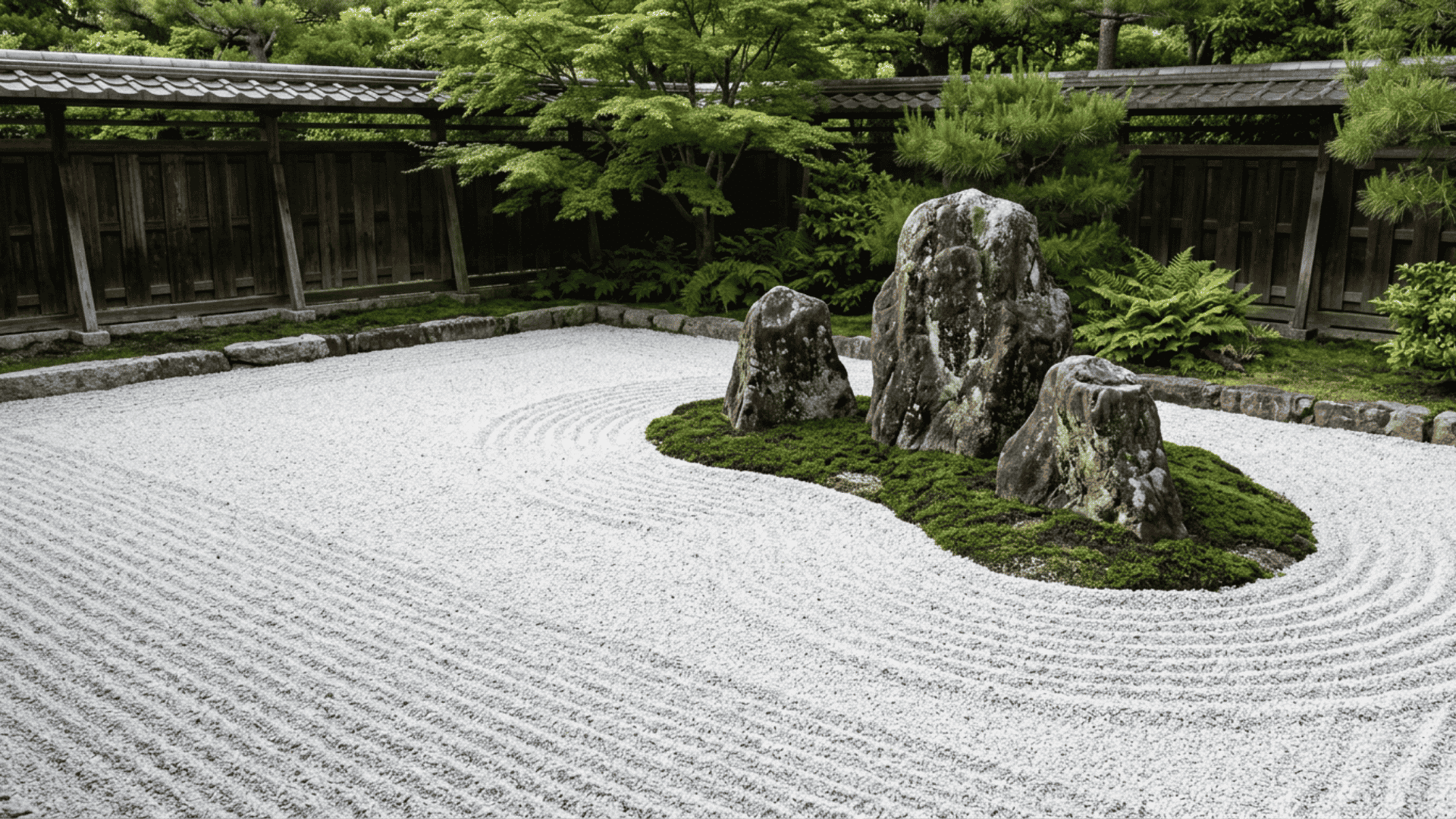 raked white gravel circles moss-covered rocks in a leafy traditional dry garden.