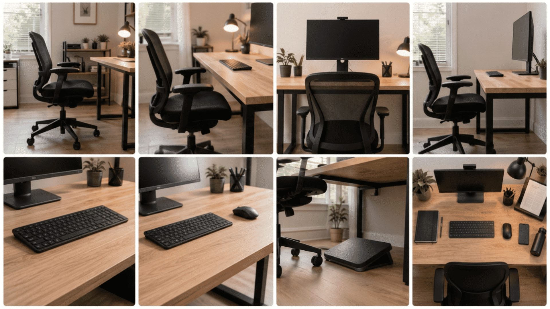 Eight-panel collage showing an ergonomic home office setup