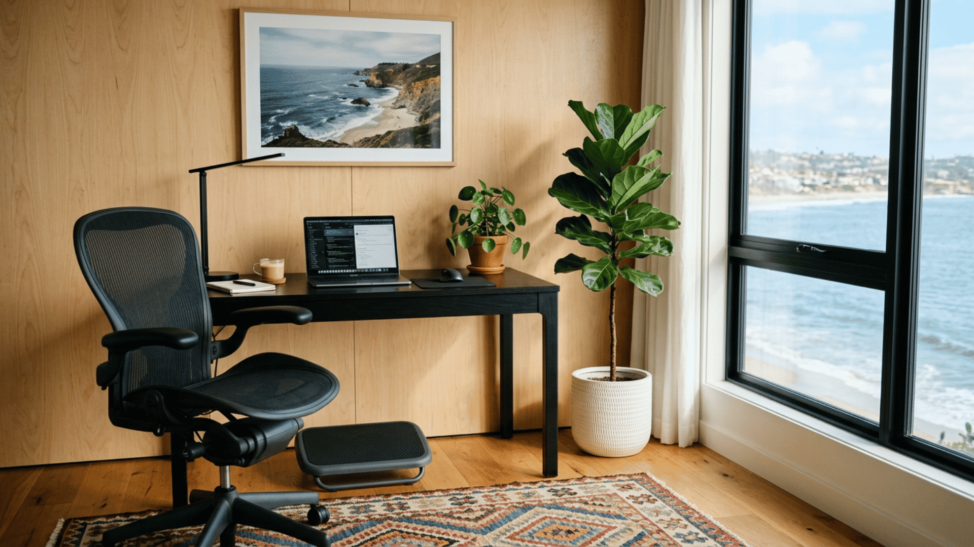 Ergonomic home office with chair, footrest, laptop, and ocean view