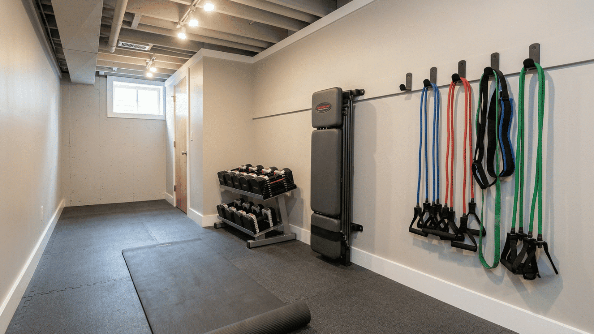 basement exercise area with dumbbells, resistance bands, wall bench and yoga mat