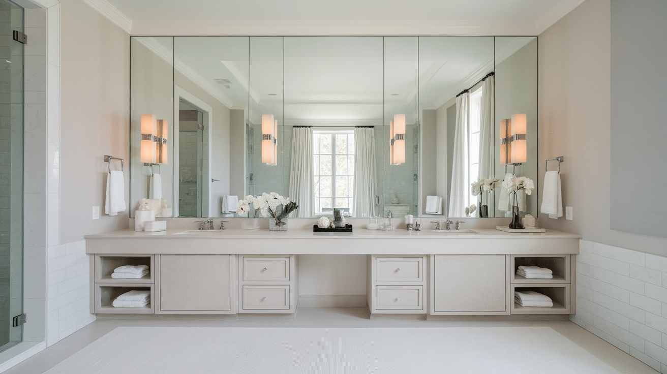 extra-long white vanity with two sinks, large mirrors, and open shelves underneath