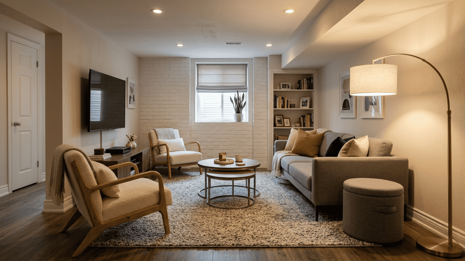 cozy basement family lounge with a gray sofa armchairs, television, and area rug