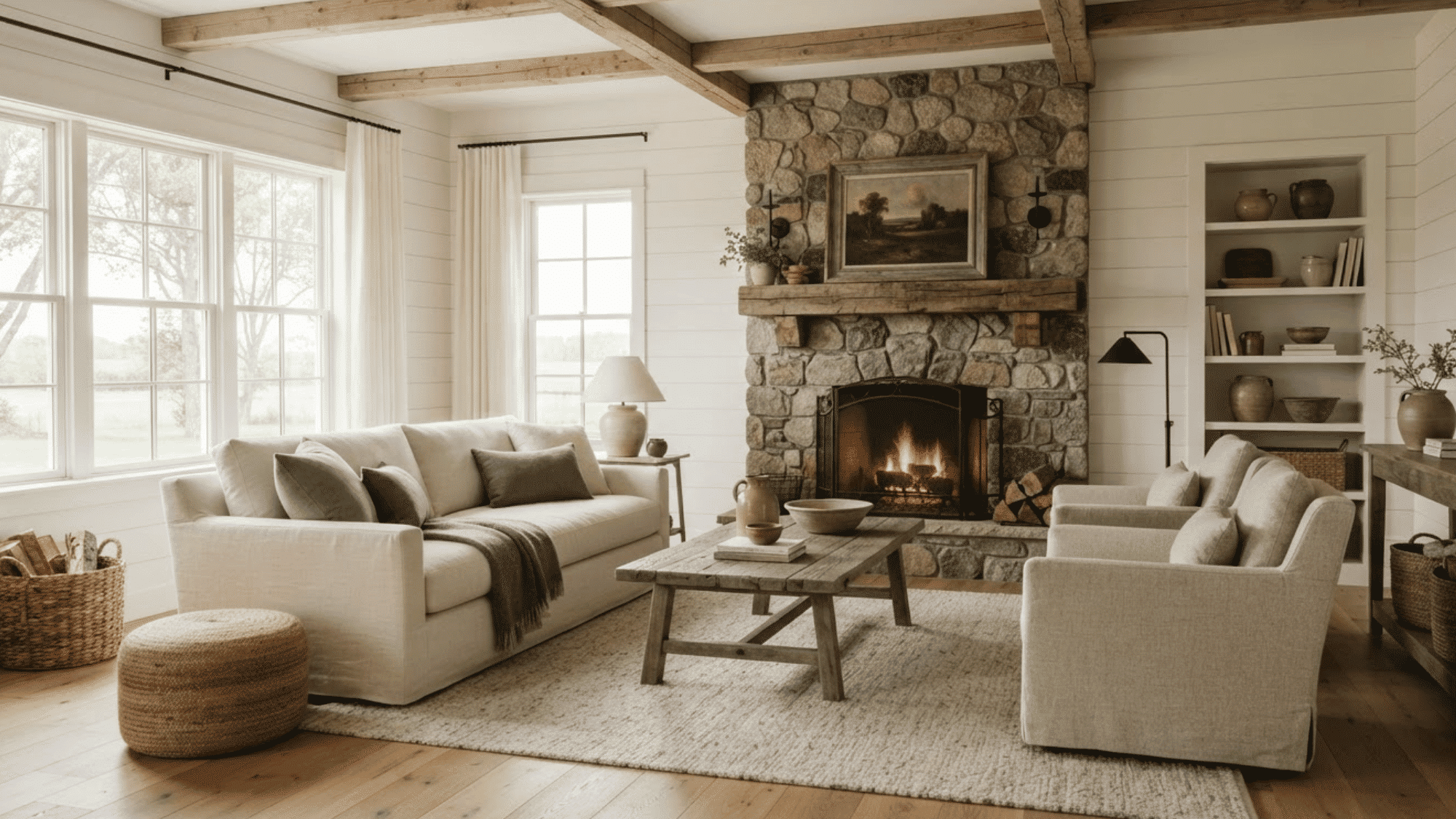 Warm farmhouse living room with cream seating, wood beams, stone fireplace, and soft neutral decor.