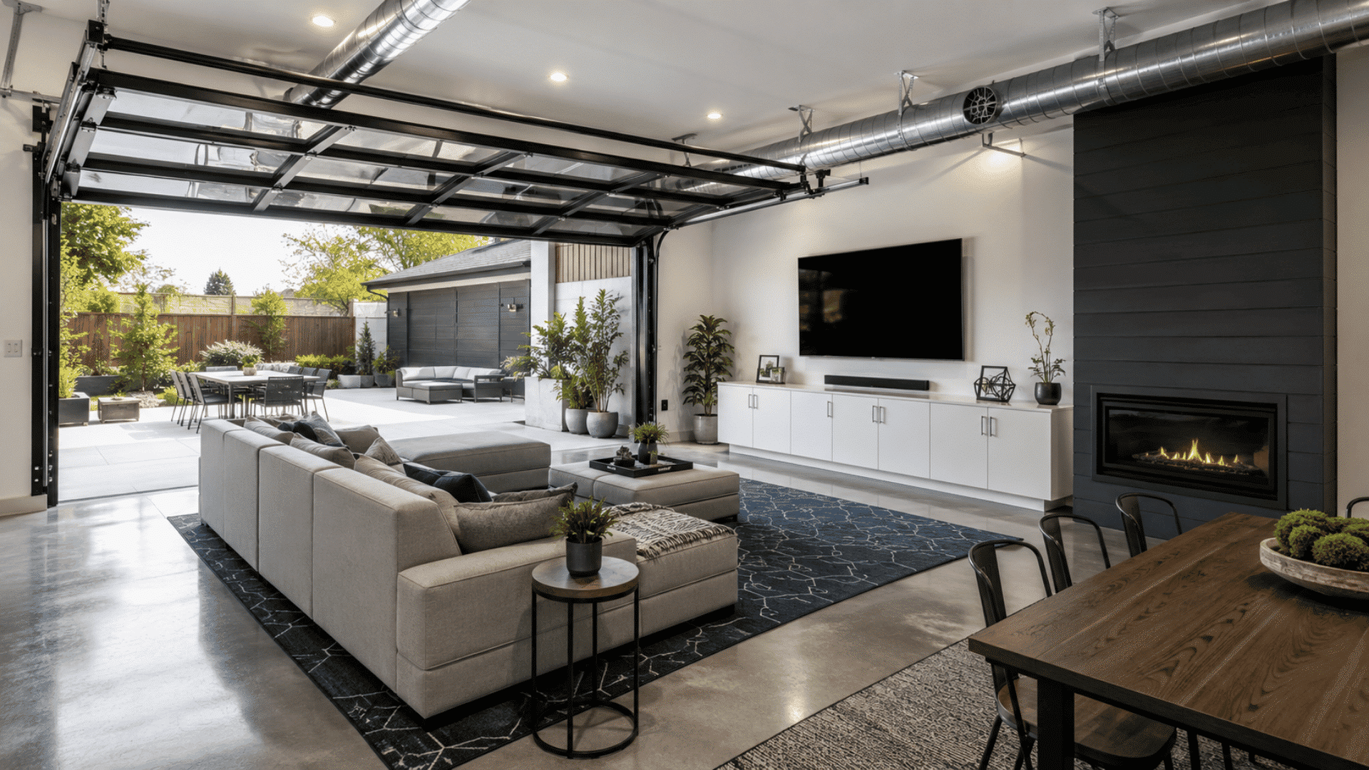 Modern garage conversion into a spacious family room with fireplace, TV, and open outdoor living area.
