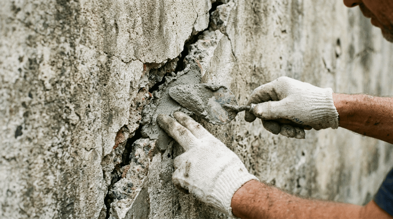Worker repairing a cracked concrete foundation wall with cement and tools