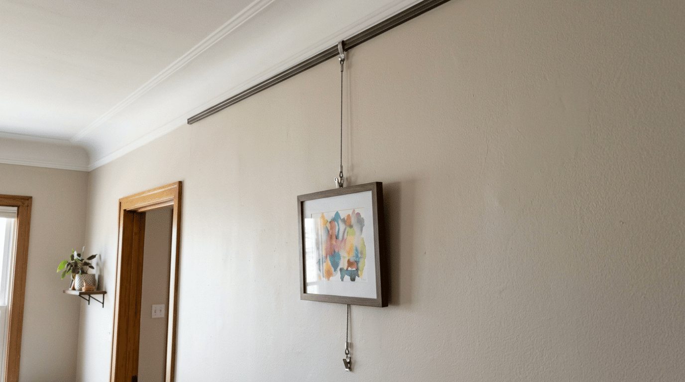 framed picture hanging from a cord and clip on a wall-mounted picture rail