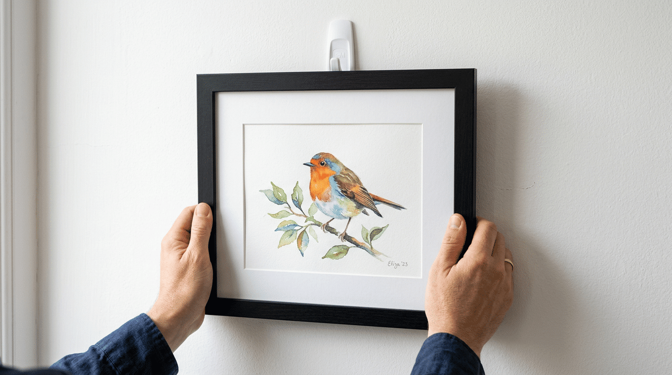 hands hanging a black framed watercolor painting of a robin onto an adhesive wall hook