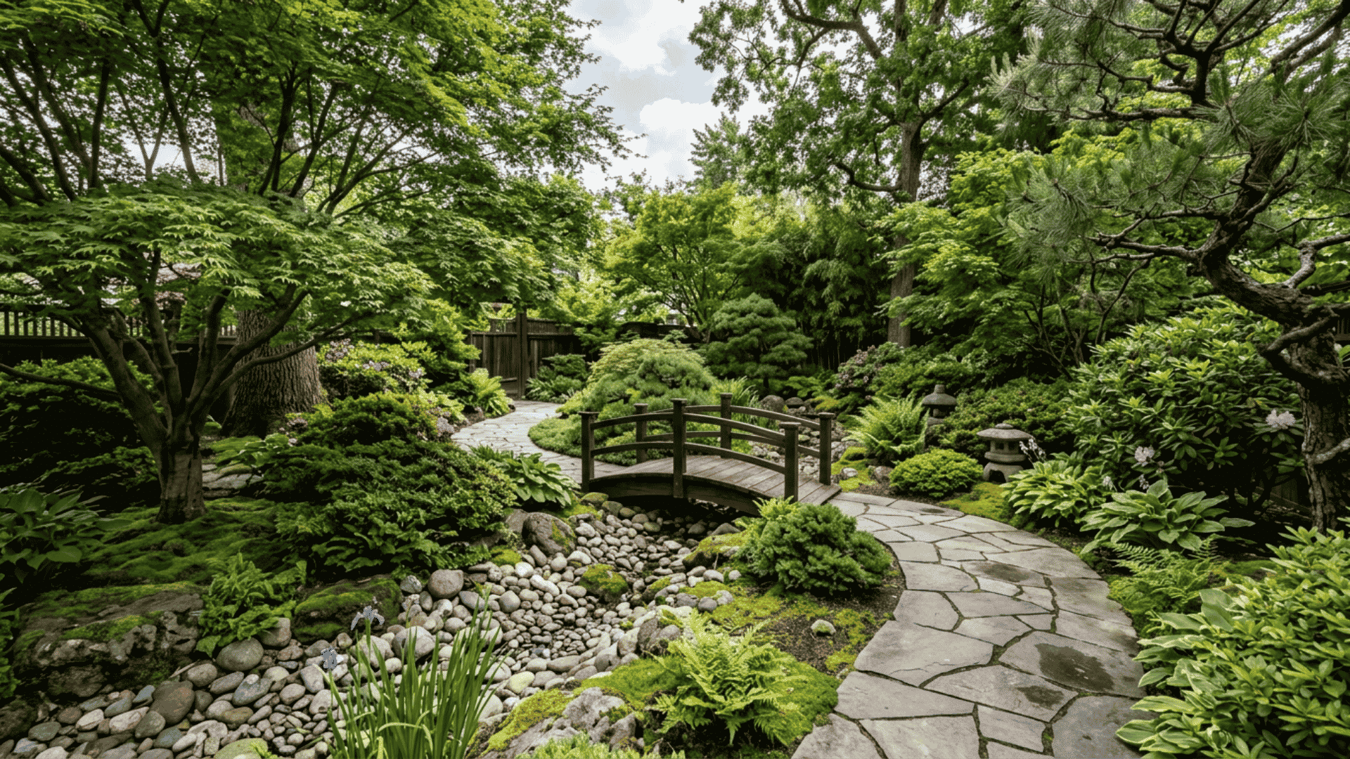 curved stone path and wooden bridge cross a dry creek in a lush japanese garden.