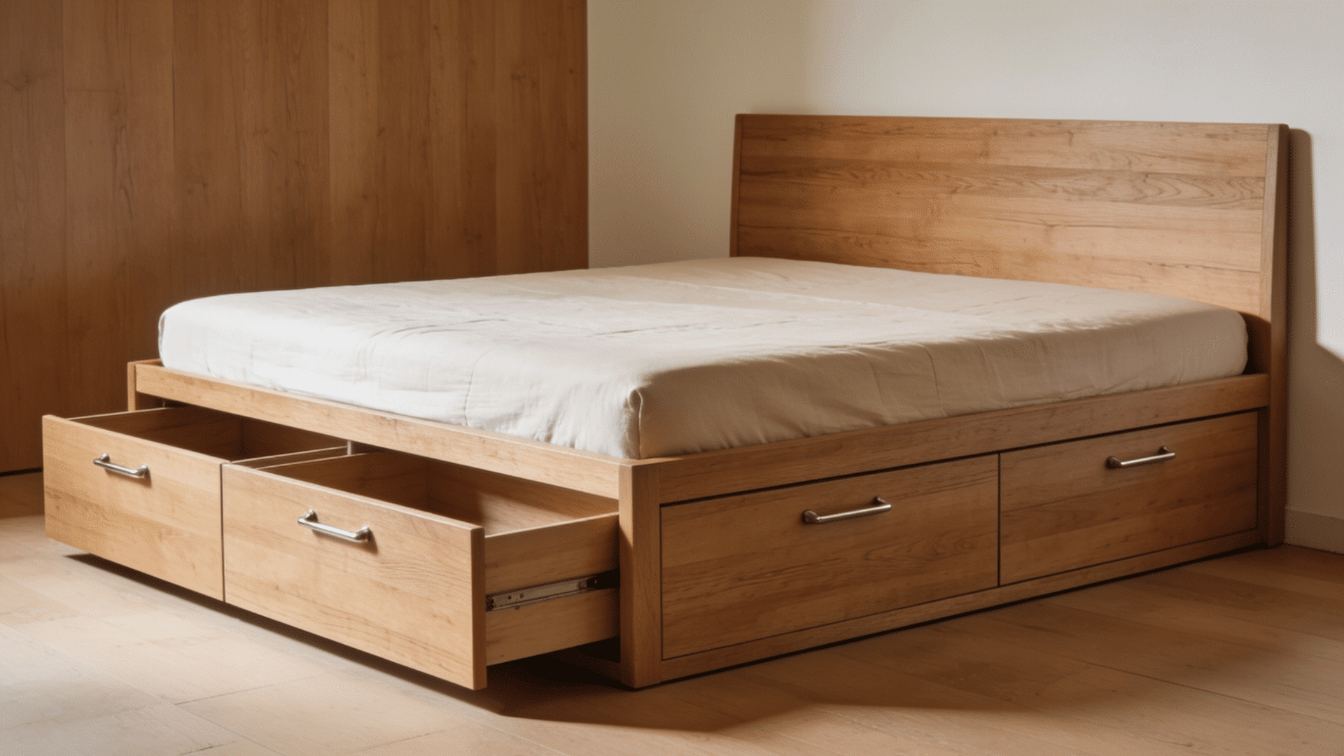 wooden storage bed with built-in drawers open beneath the mattress