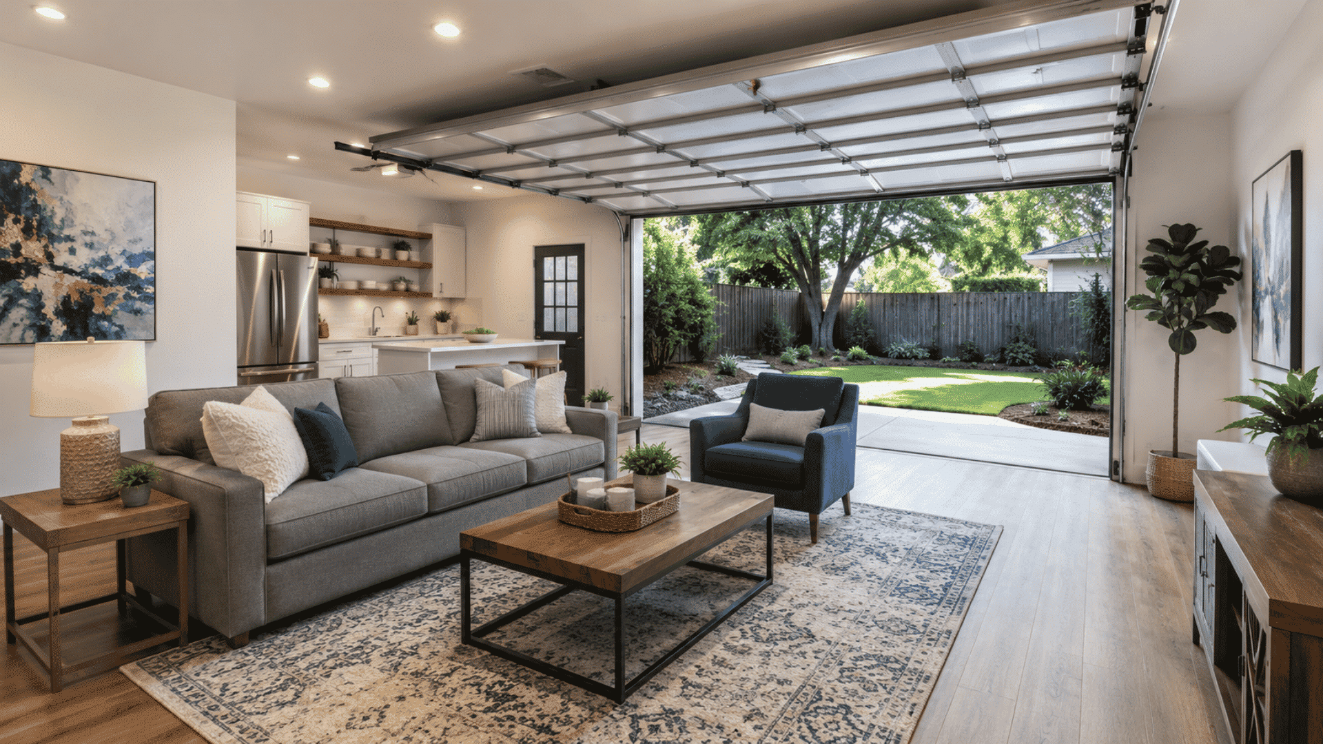 Modern garage conversion into a bright family room with open garage door and backyard view.