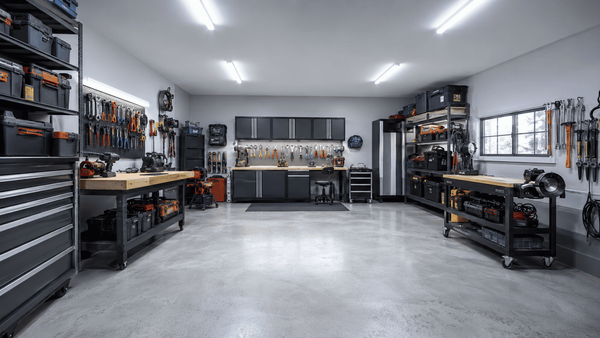 Garage workshop lit with cool daylight 6000K lighting