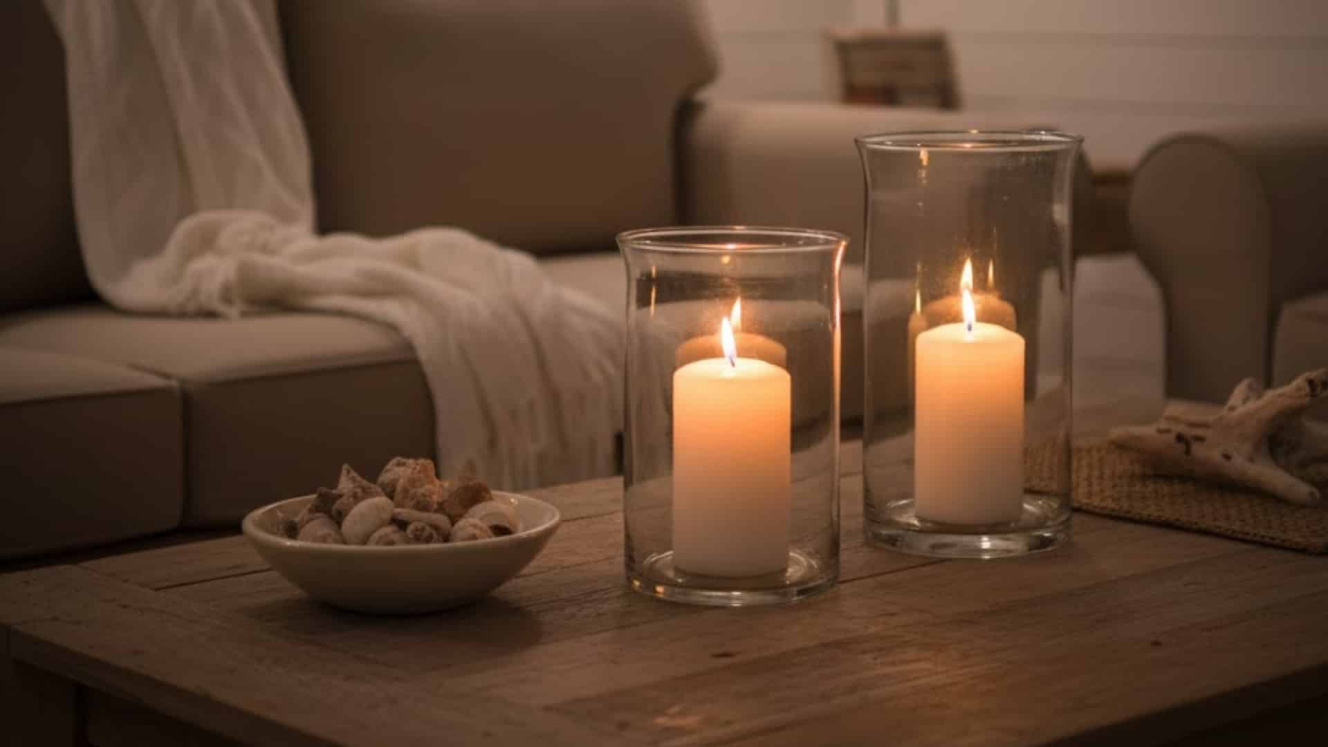 glass hurricane lanterns with lit candles on a wooden coffee table