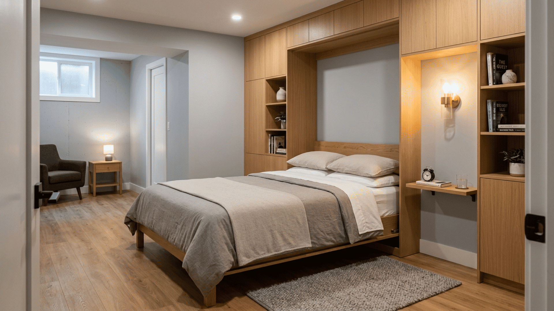 basement guest room with a fold-away bed, built-in shelves, chair, and warm lamp