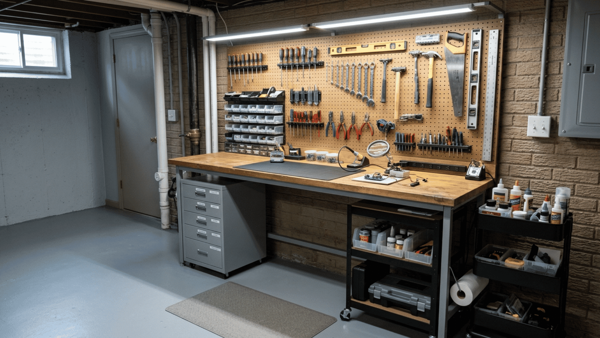 basement hobby area with a wood workbench, pegboard, hand tools and tool drawers